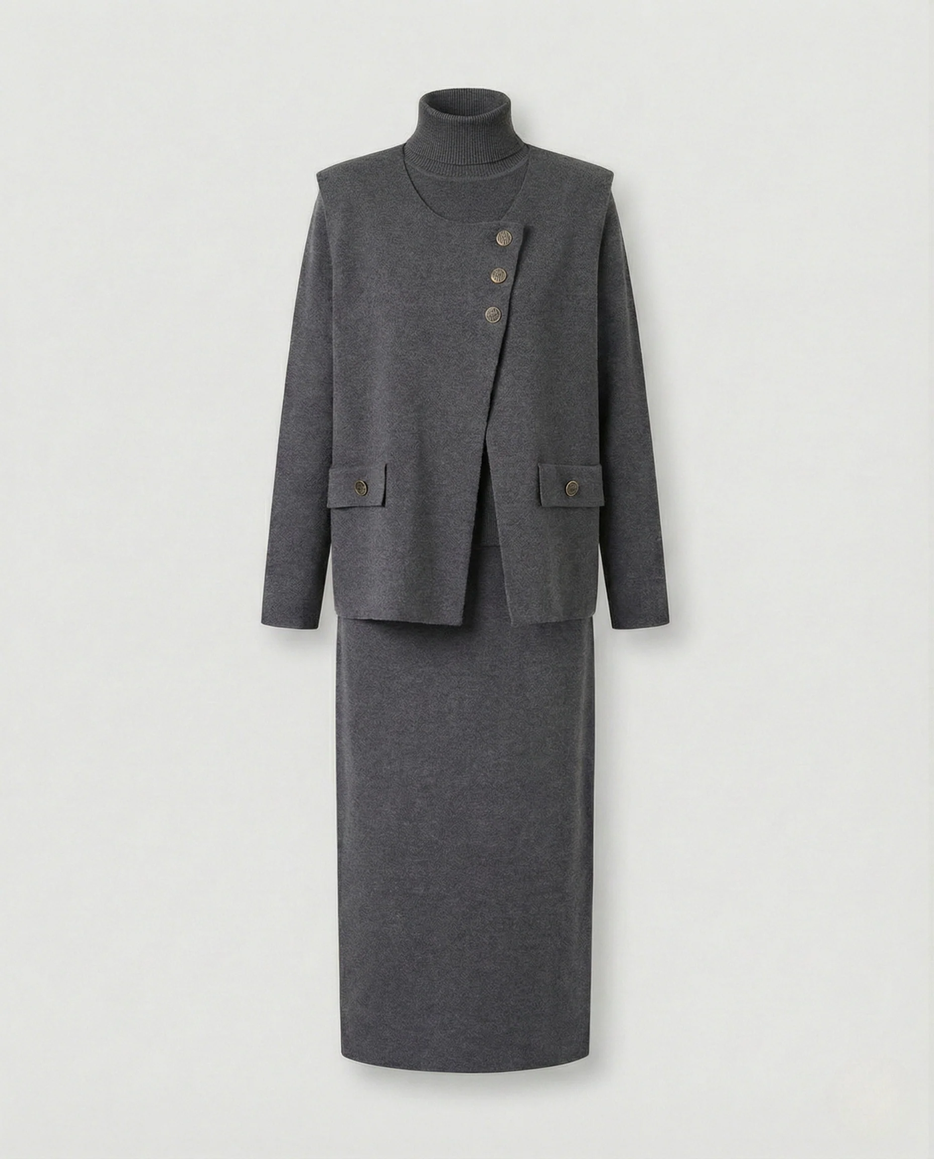 Elegantes Strick-Ensemble mit asymmetrischer Knopfleiste gepolsterten Schultern Pattentaschen und knöchellangem Bleistiftrock Heidi Mode - Image 6