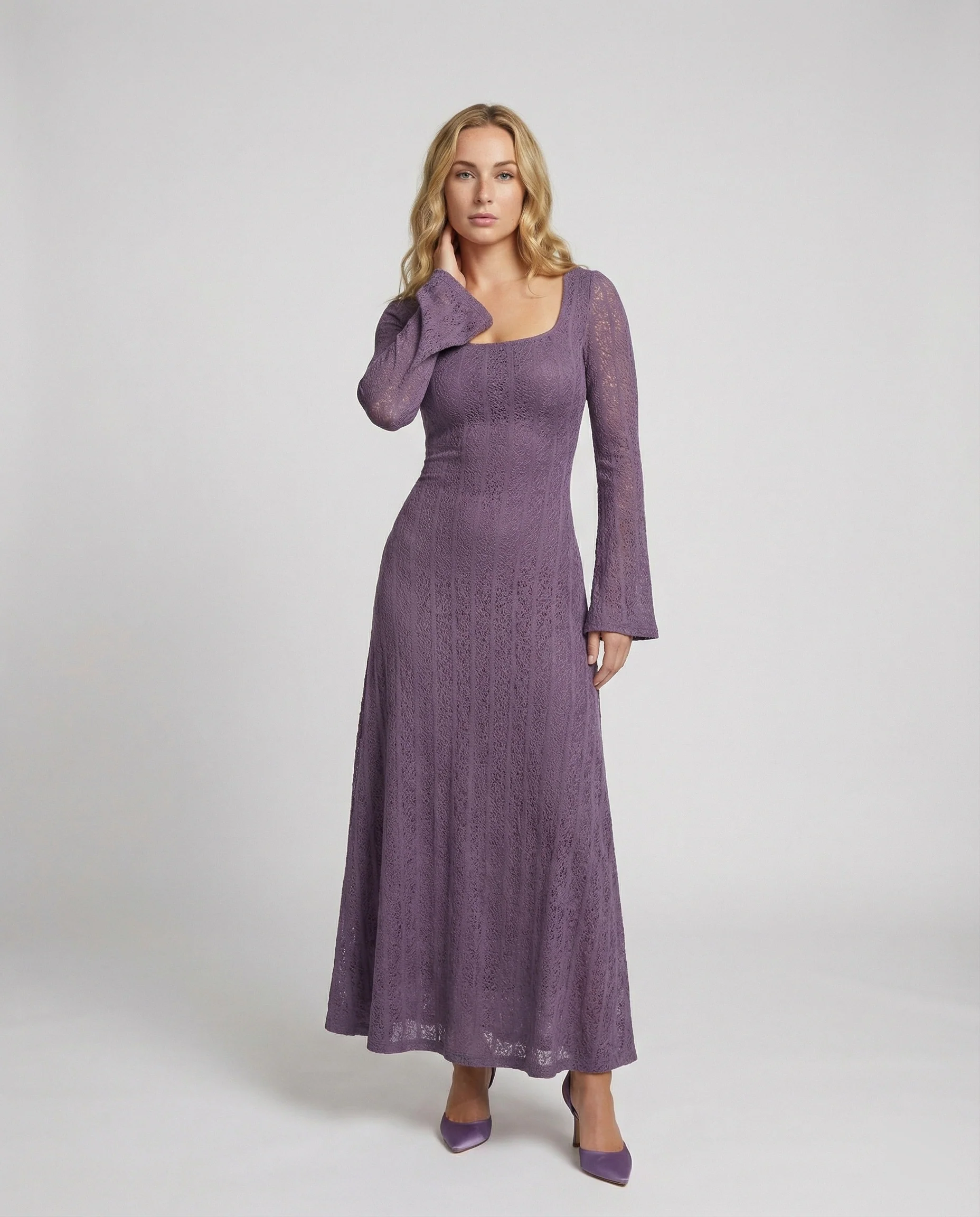 Elegantes tailliertes Strickabendkleid mit quadratischem Ausschnitt und bodenlangem A-Linien-Rock Heidi Mode - Image 2