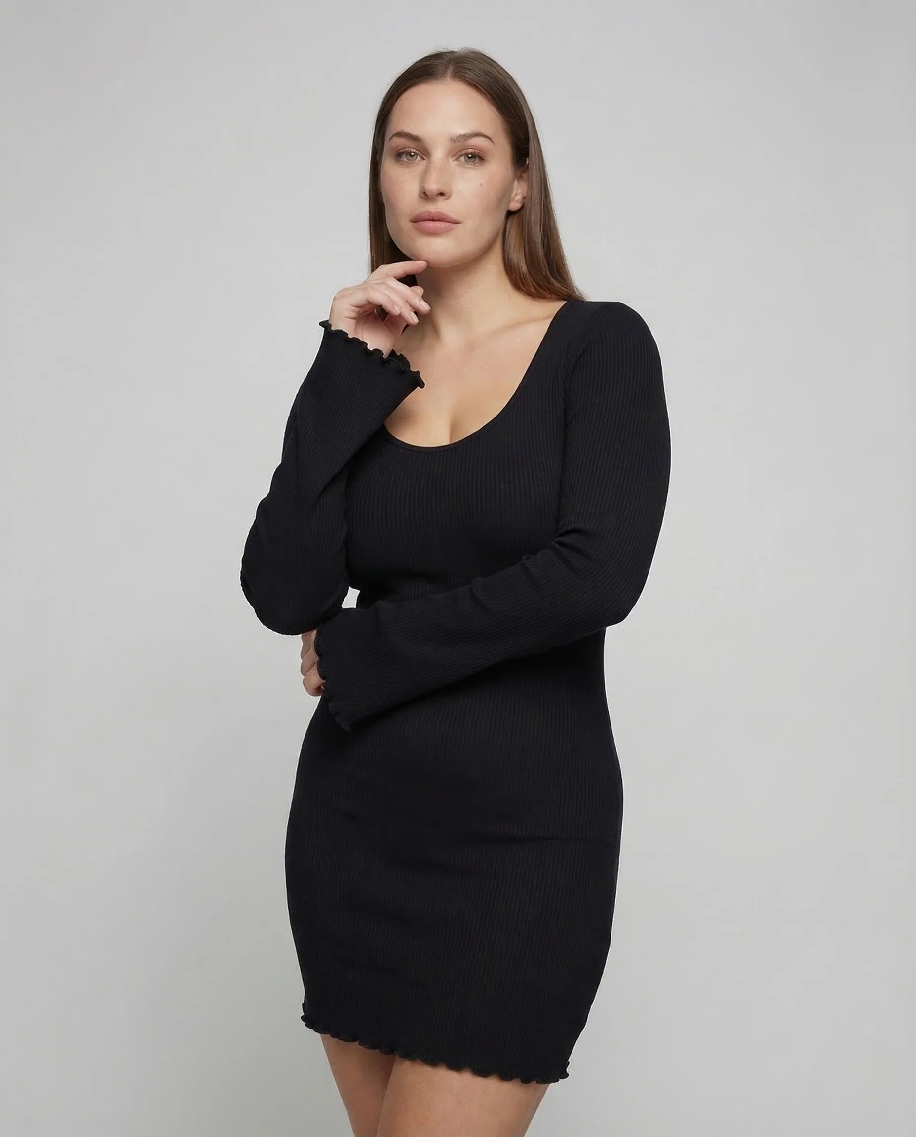Damen Ripp Minikleid Langarm V Ausschnitt - Image 2