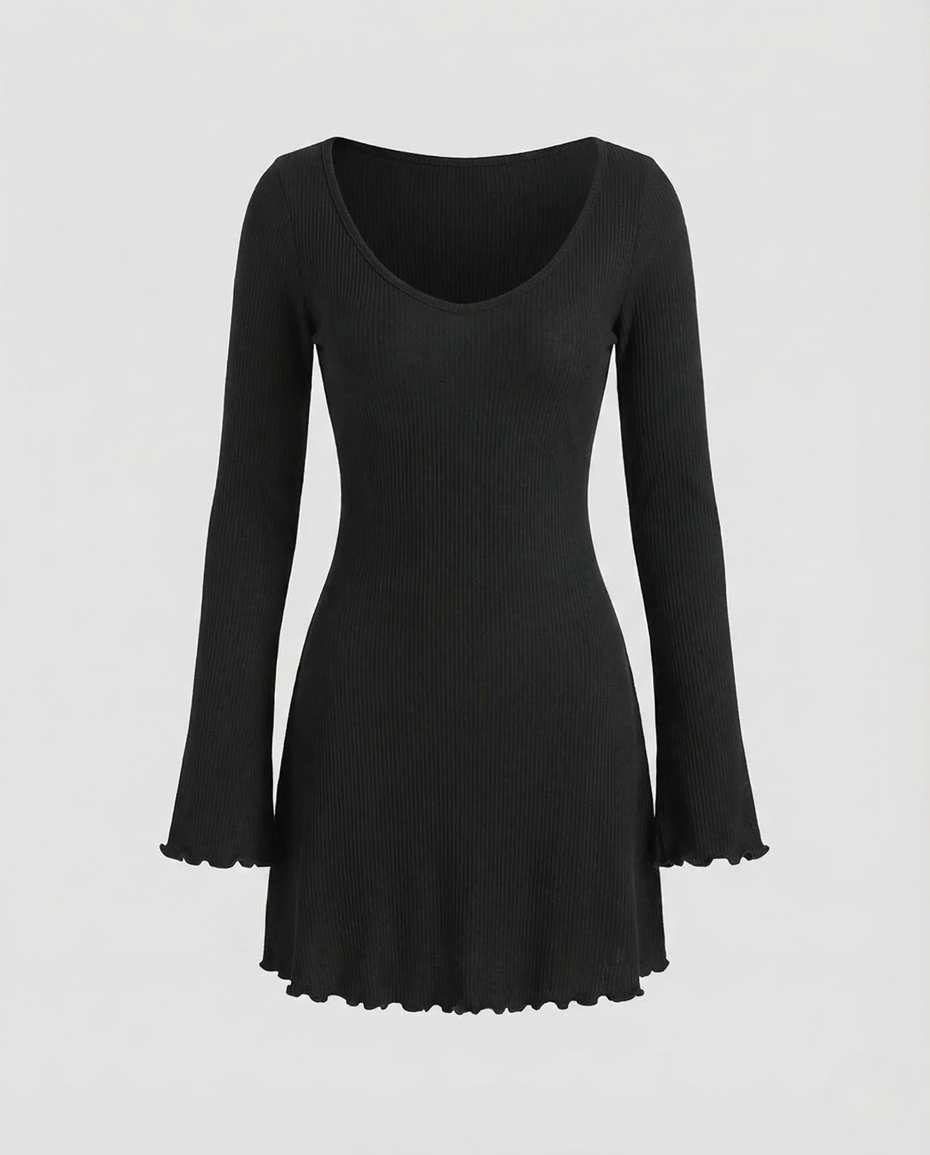 Damen Ripp Minikleid Langarm V Ausschnitt - Image 5