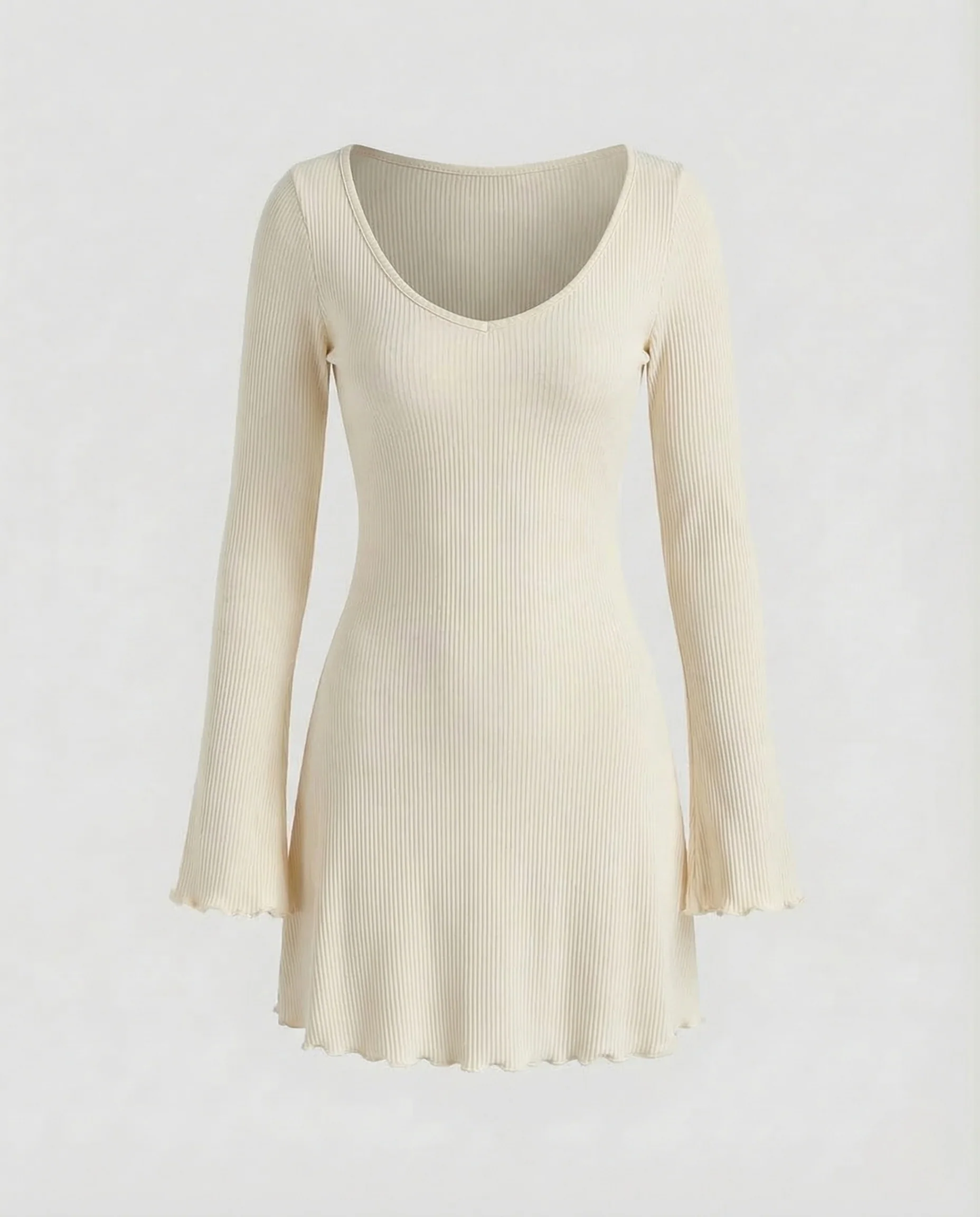 Damen Ripp Minikleid Langarm V Ausschnitt - Image 6