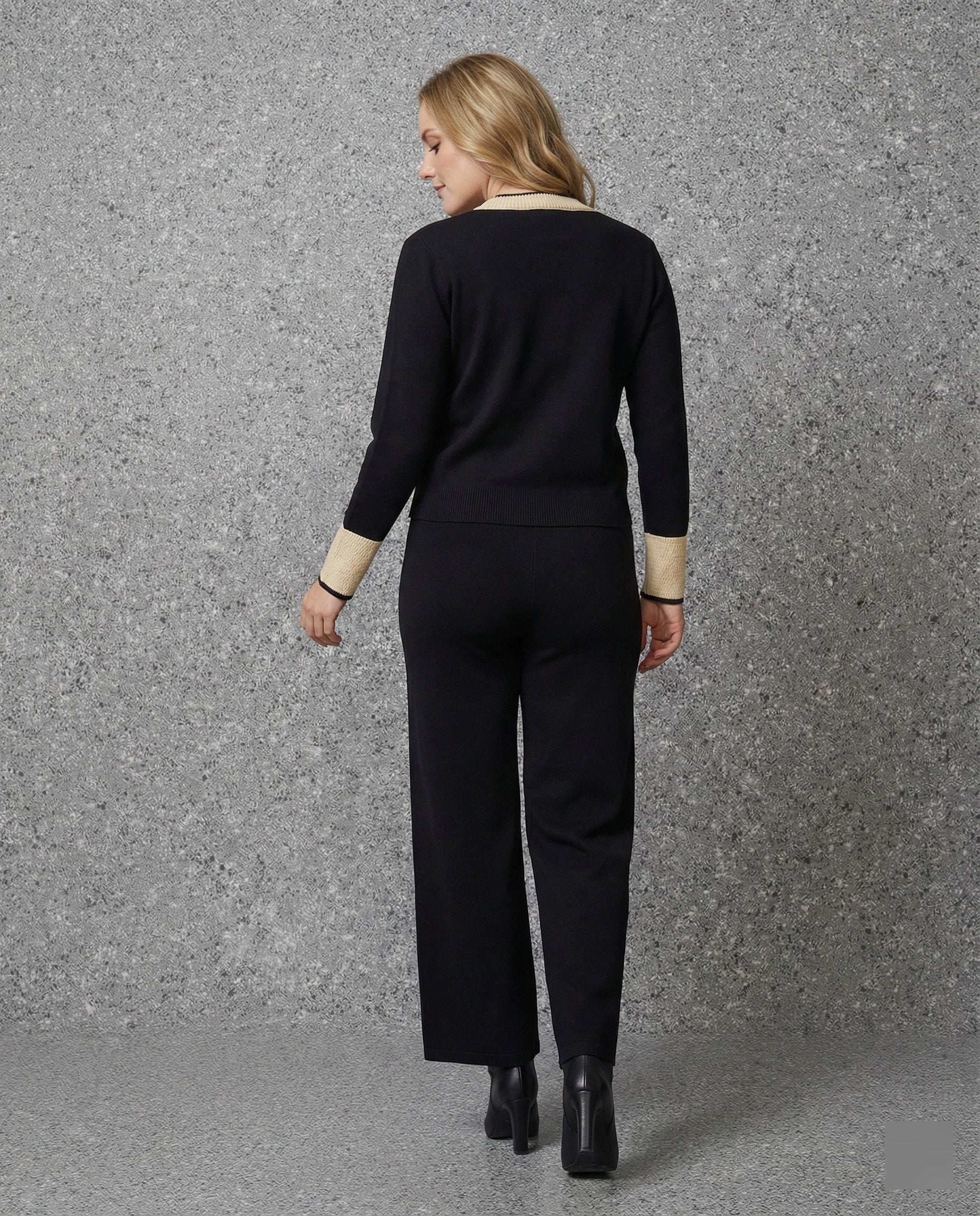 Feines Strickensemble mit V-Ausschnitt-Cardigan, hochtaillierter Culotte-Hose und Zierknöpfen Heidi Mode - Image 3