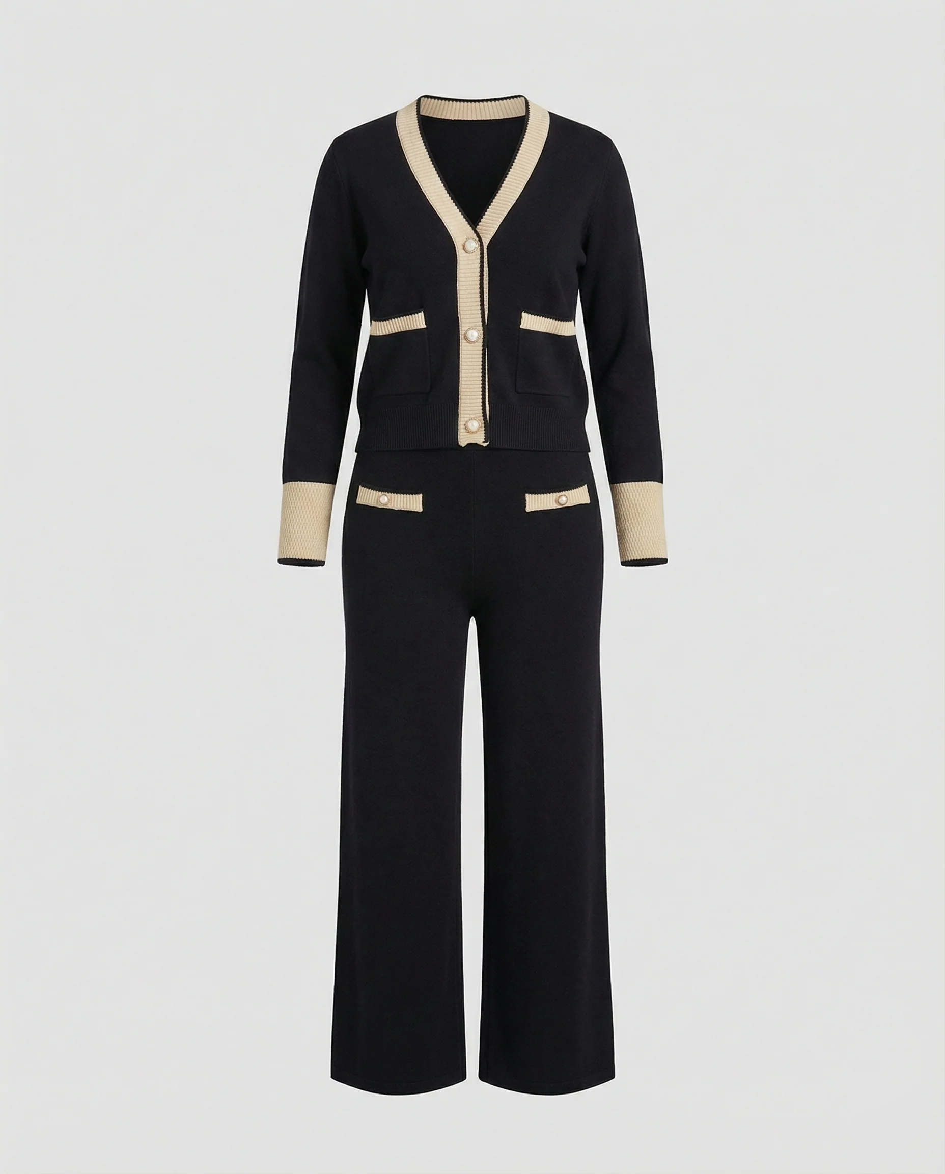 Feines Strickensemble mit V-Ausschnitt-Cardigan, hochtaillierter Culotte-Hose und Zierknöpfen Heidi Mode - Image 4