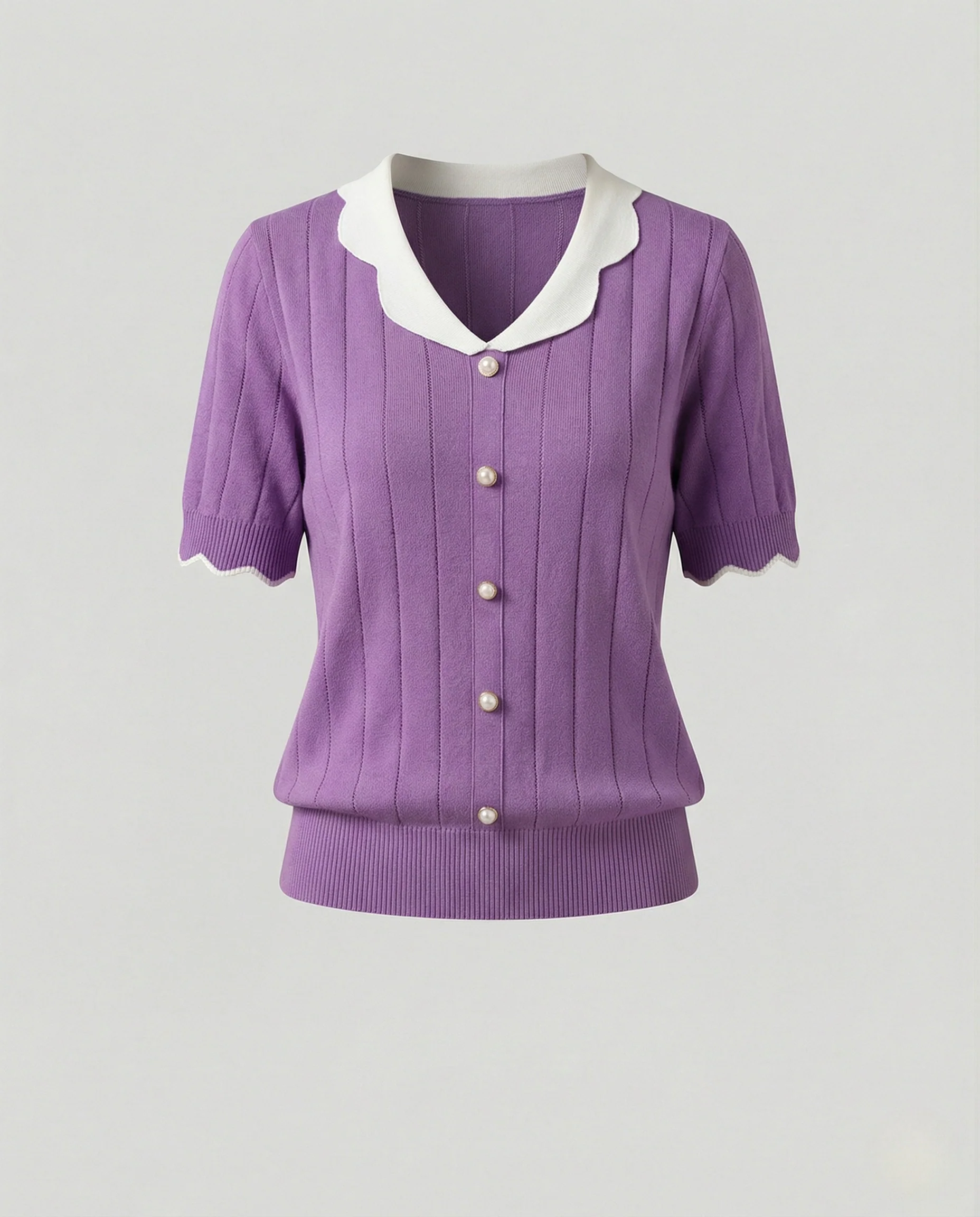 Feminine taillierte Feinstrickbluse mit wellenförmigem Kragen, Perlenknopfleiste, plissierten Chiffonärmeln und Rippbündchen Heidi Mode - Image 10