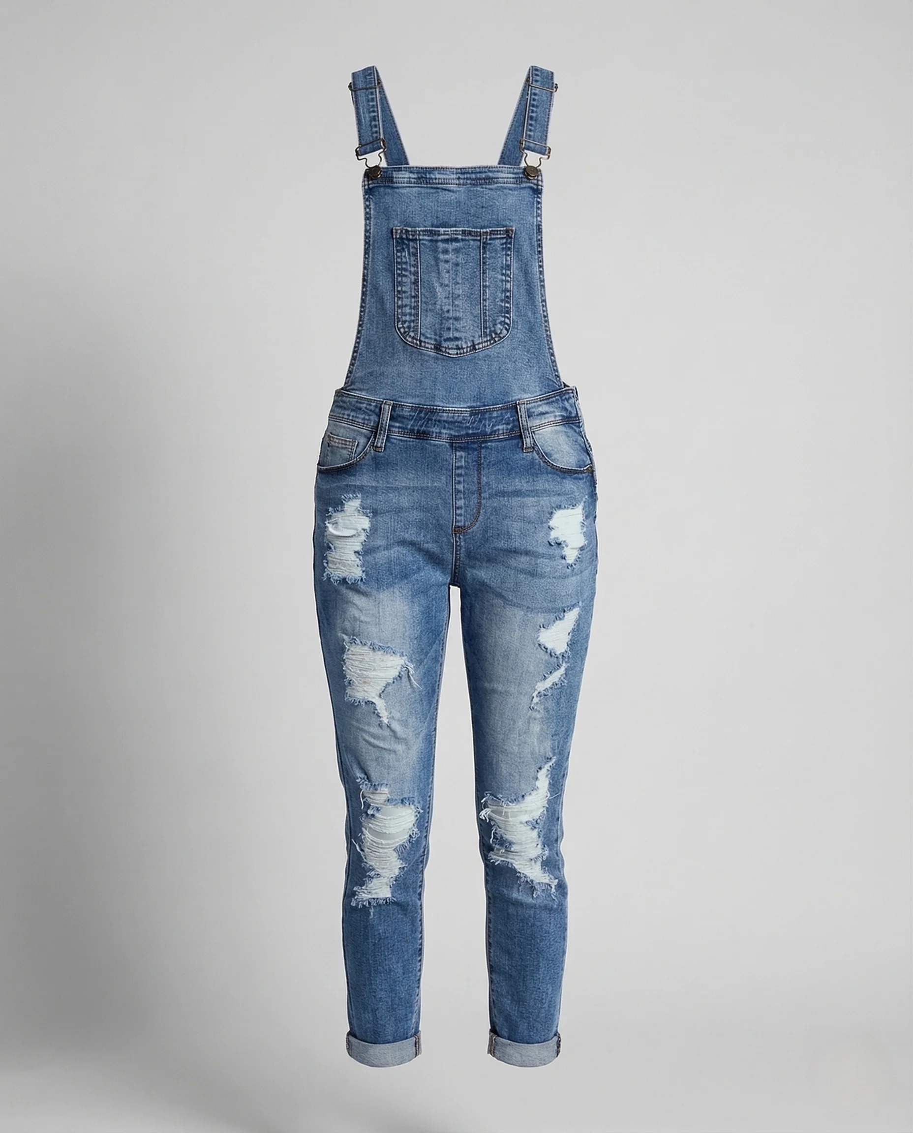 Damen Figurbetonte Distressed Jeans Latzhose mit Verstellbaren Trägern - Image 4