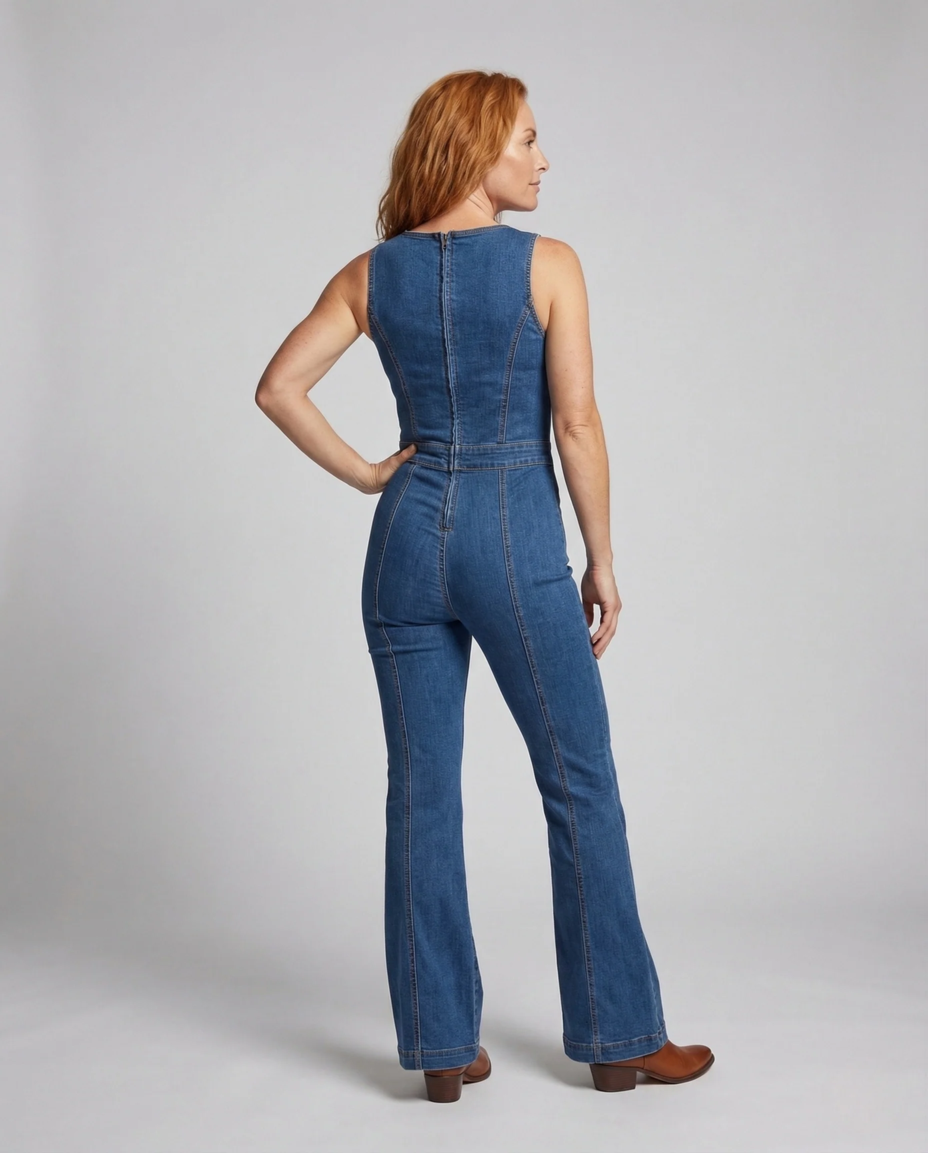 Damen Figurbetonter Denim Overall V Ausschnitt mit Weitem Bein - Image 3