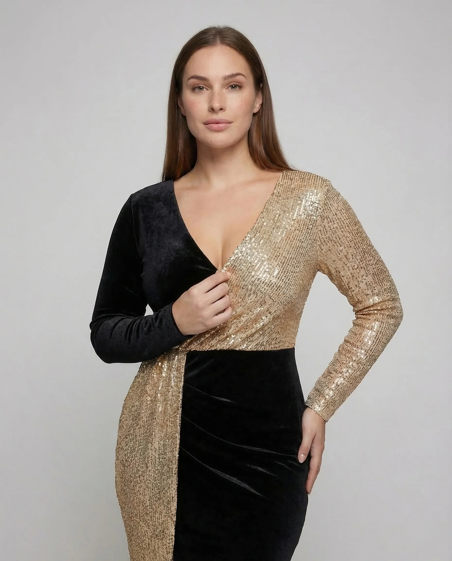 Damen Abendkleid Pailletten Wickeleffekt - Image 2