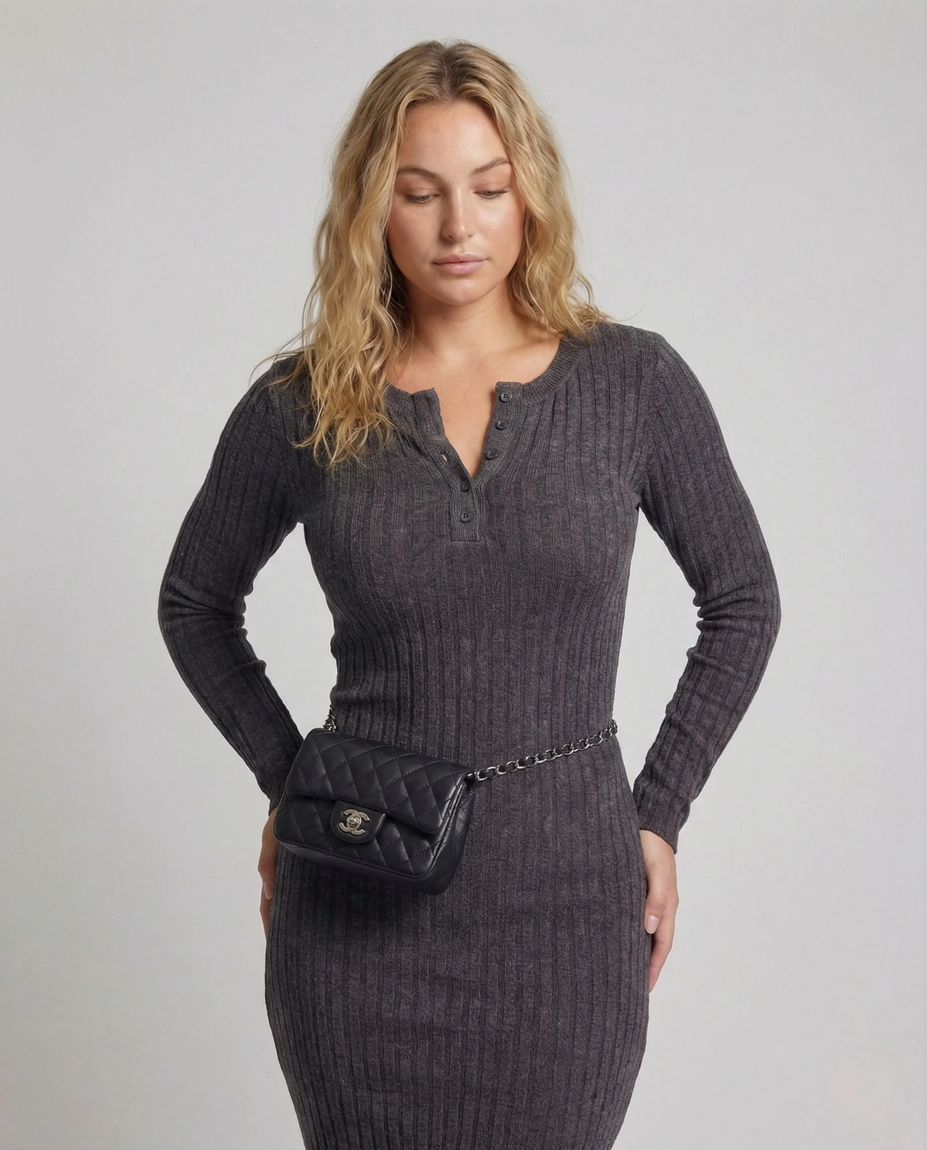 Damen Geripptes Strickkleid mit Knopfleiste - Image 2