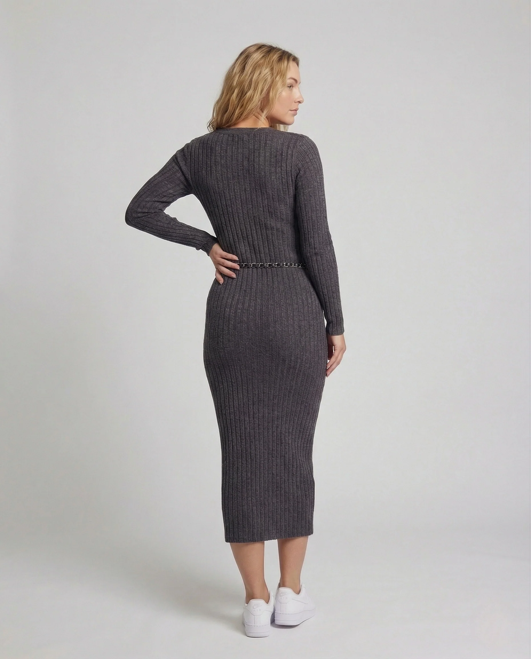 Damen Geripptes Strickkleid mit Knopfleiste - Image 4