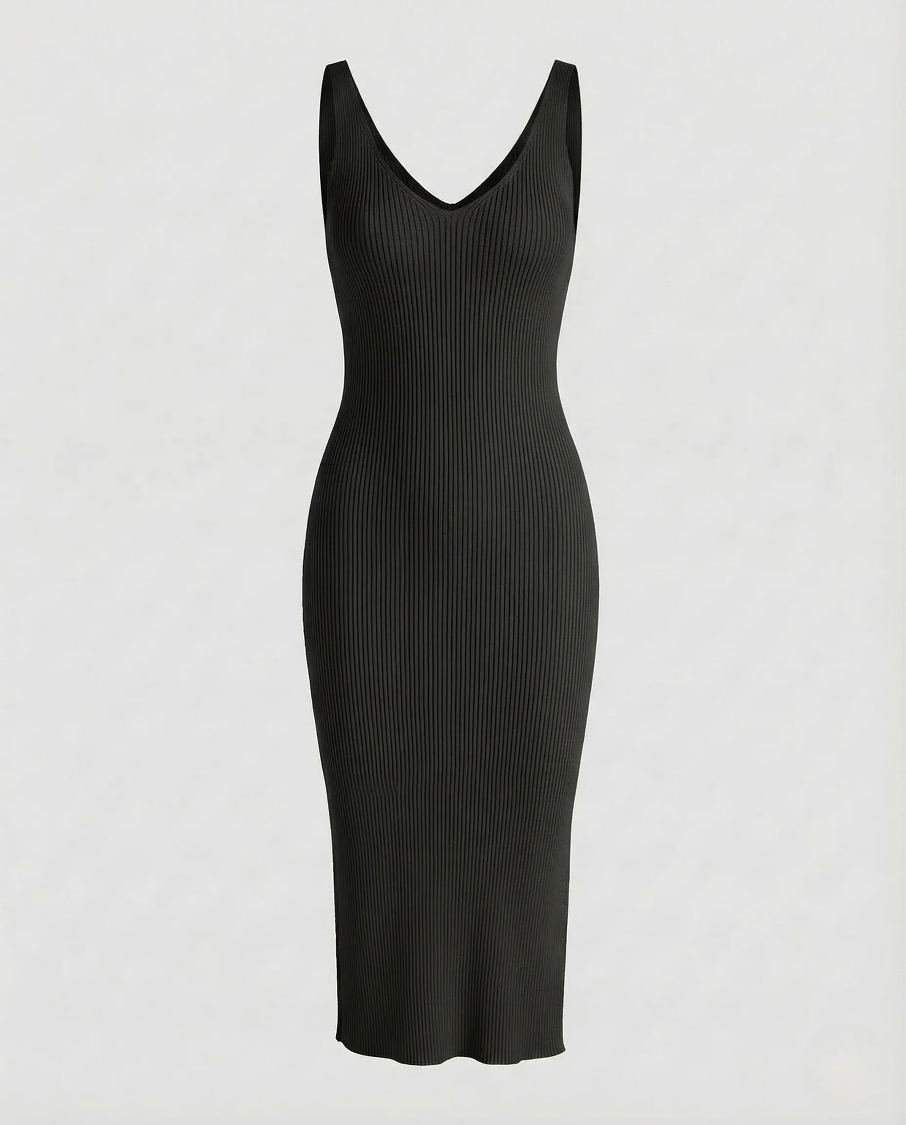 Damen Rippstrick Midikleid V Ausschnitt - Image 6