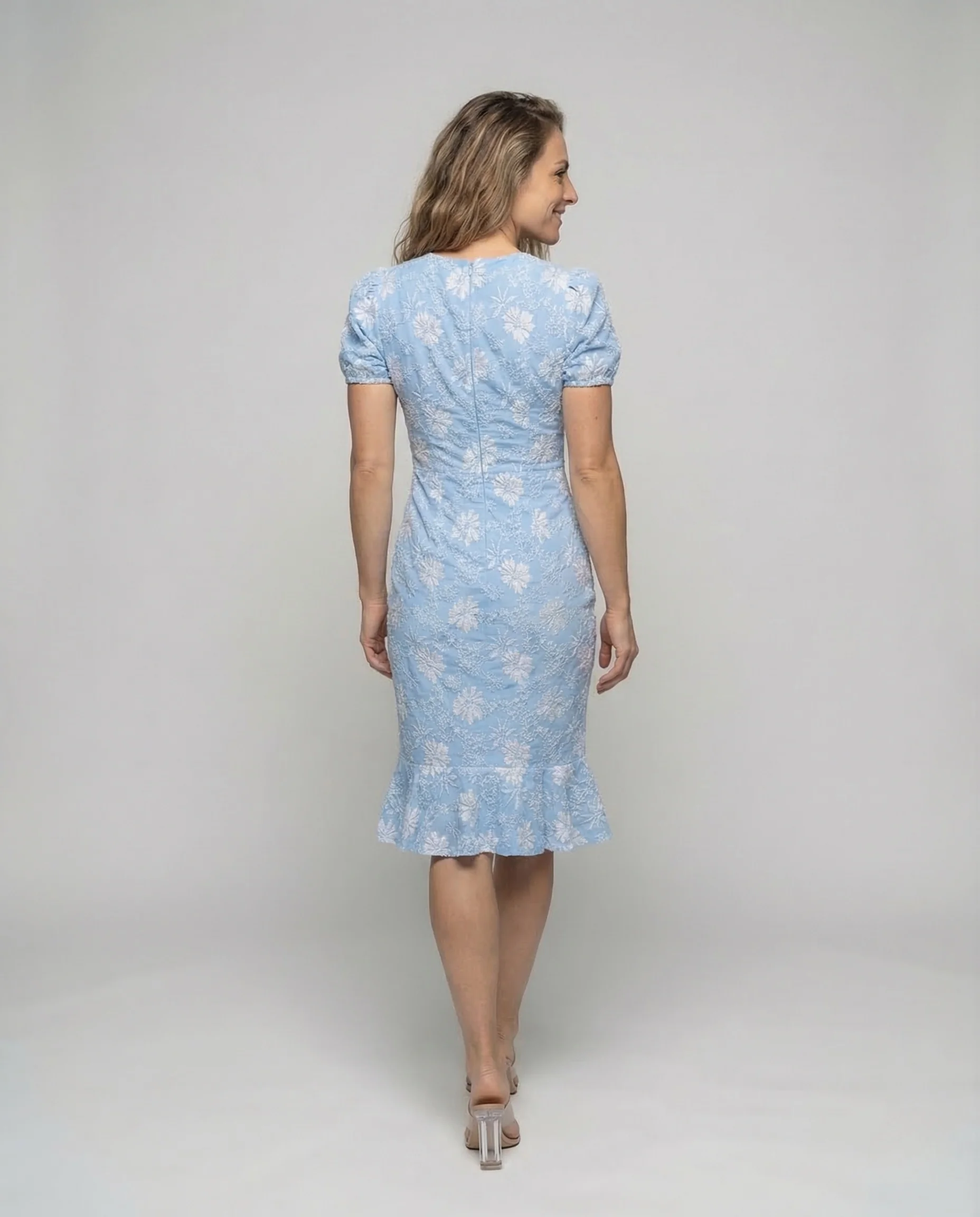 Damen Jacquard Midikleid Puffärmel - Image 4