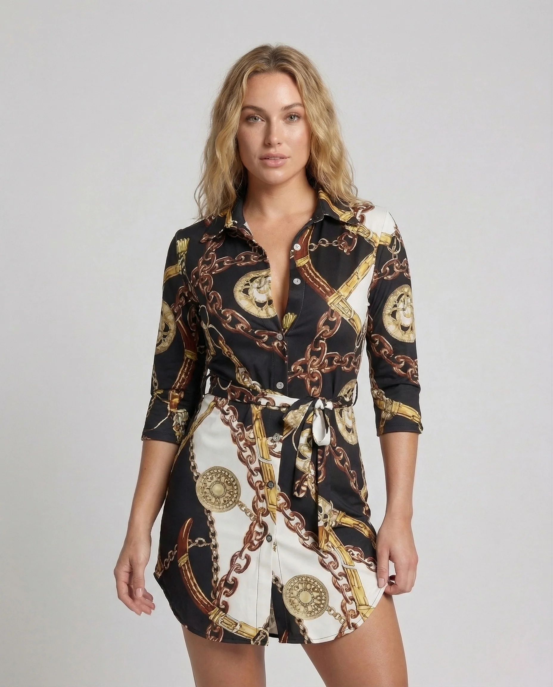 Damen Minikleid Kettenmuster Schlitz - Image 2