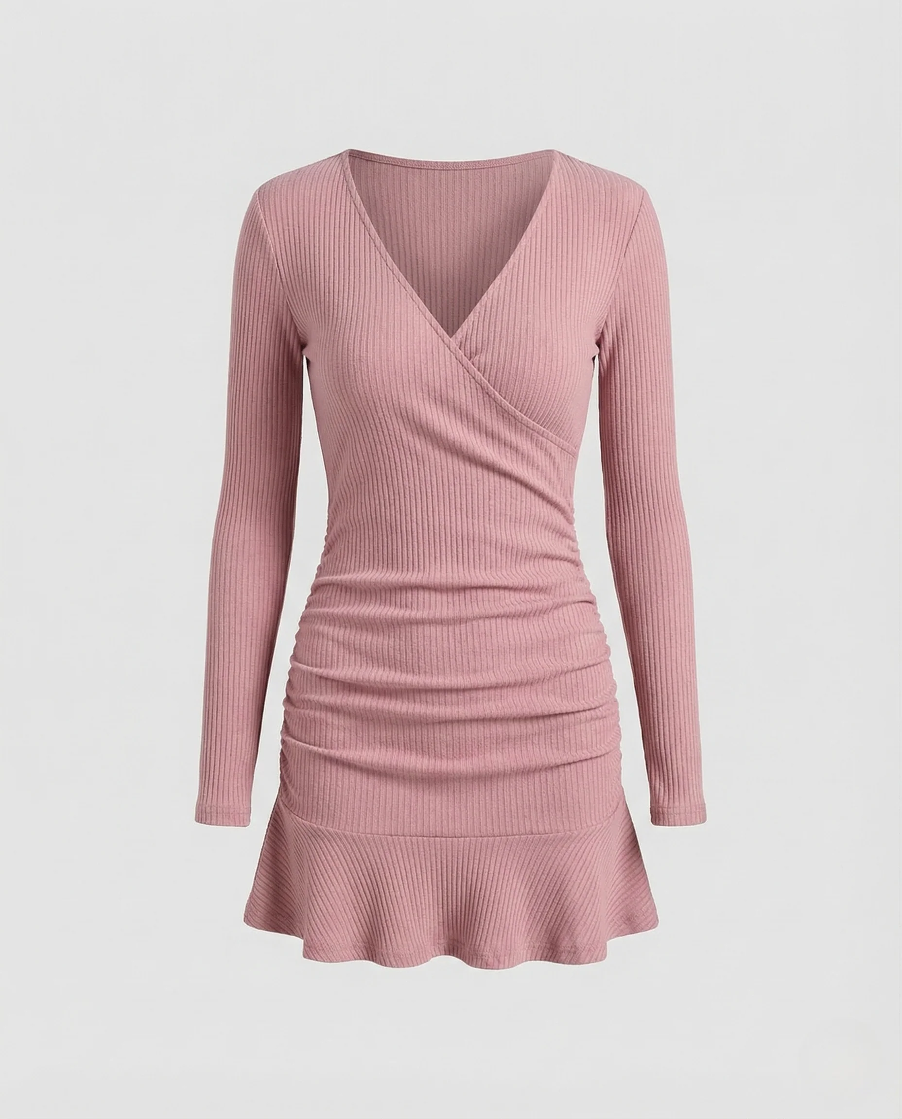 Damen Rippstrick Minikleid Wickel Ausschnitt - Image 5