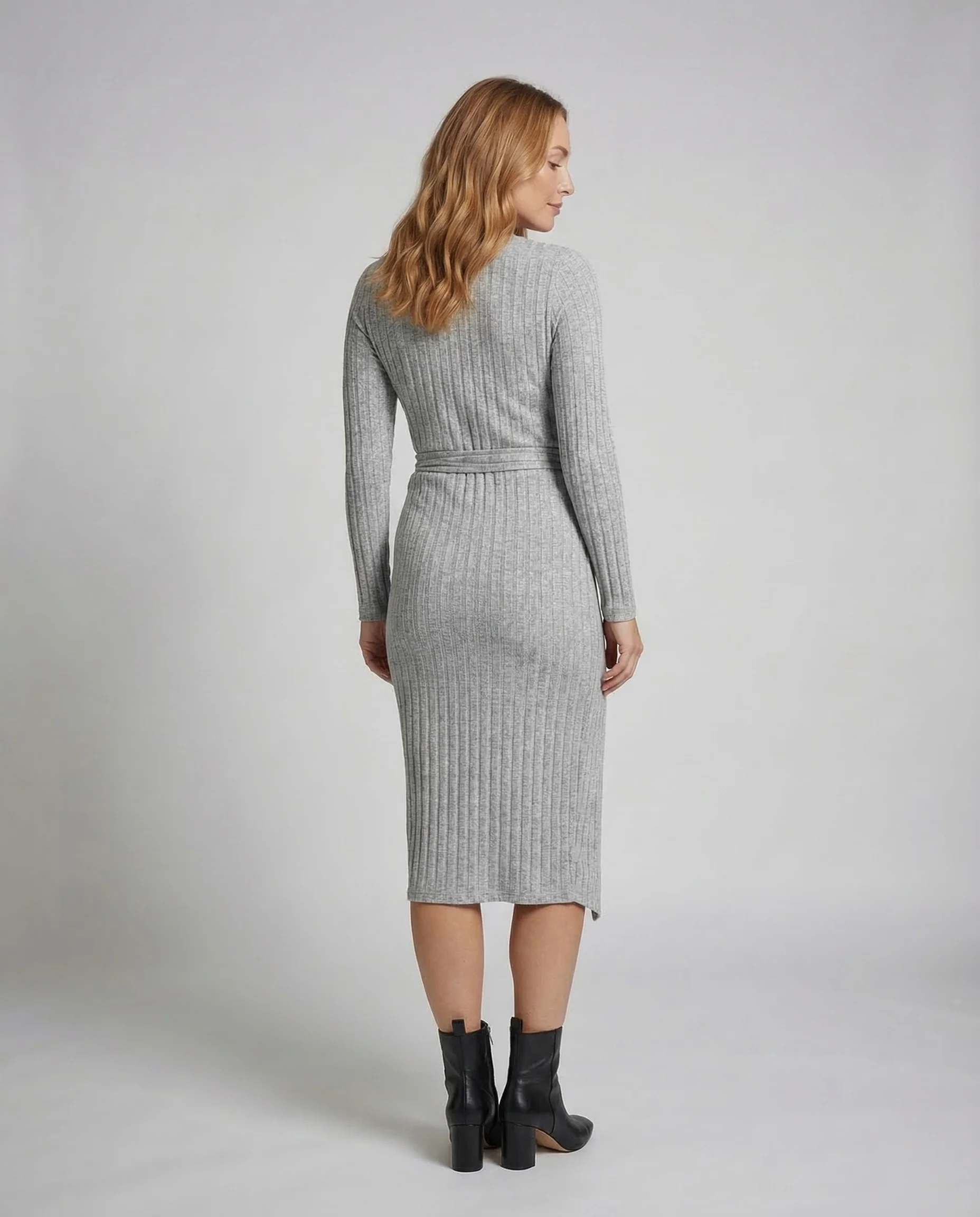Damen Rippstrick Midikleid Wickeldetail Schlitz - Image 4
