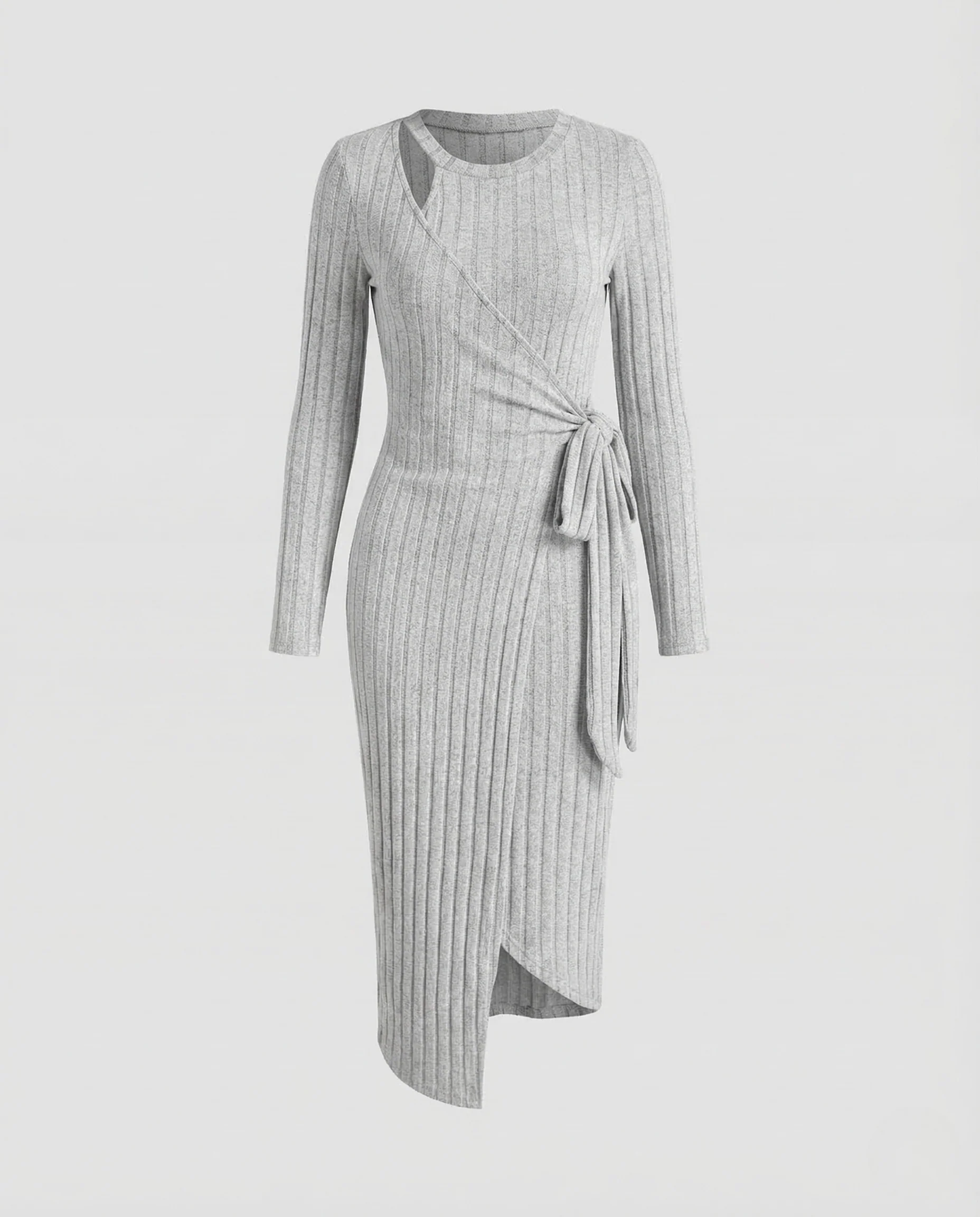 Damen Rippstrick Midikleid Wickeldetail Schlitz - Image 5