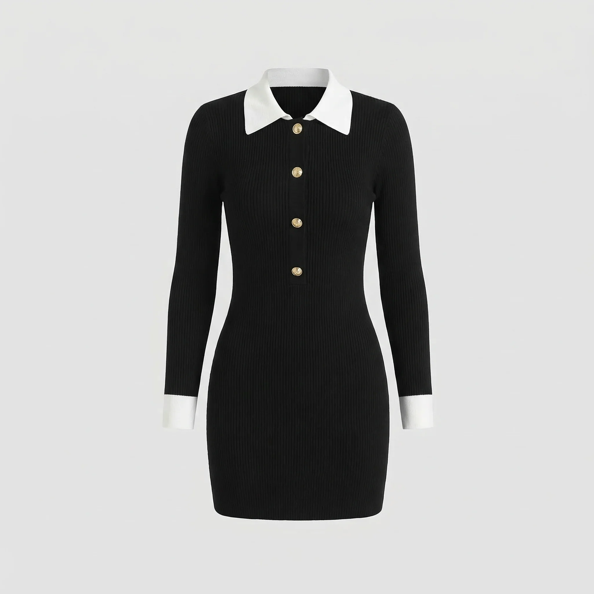 Damen Strick Minikleid Kragen Knöpfe - Image 5