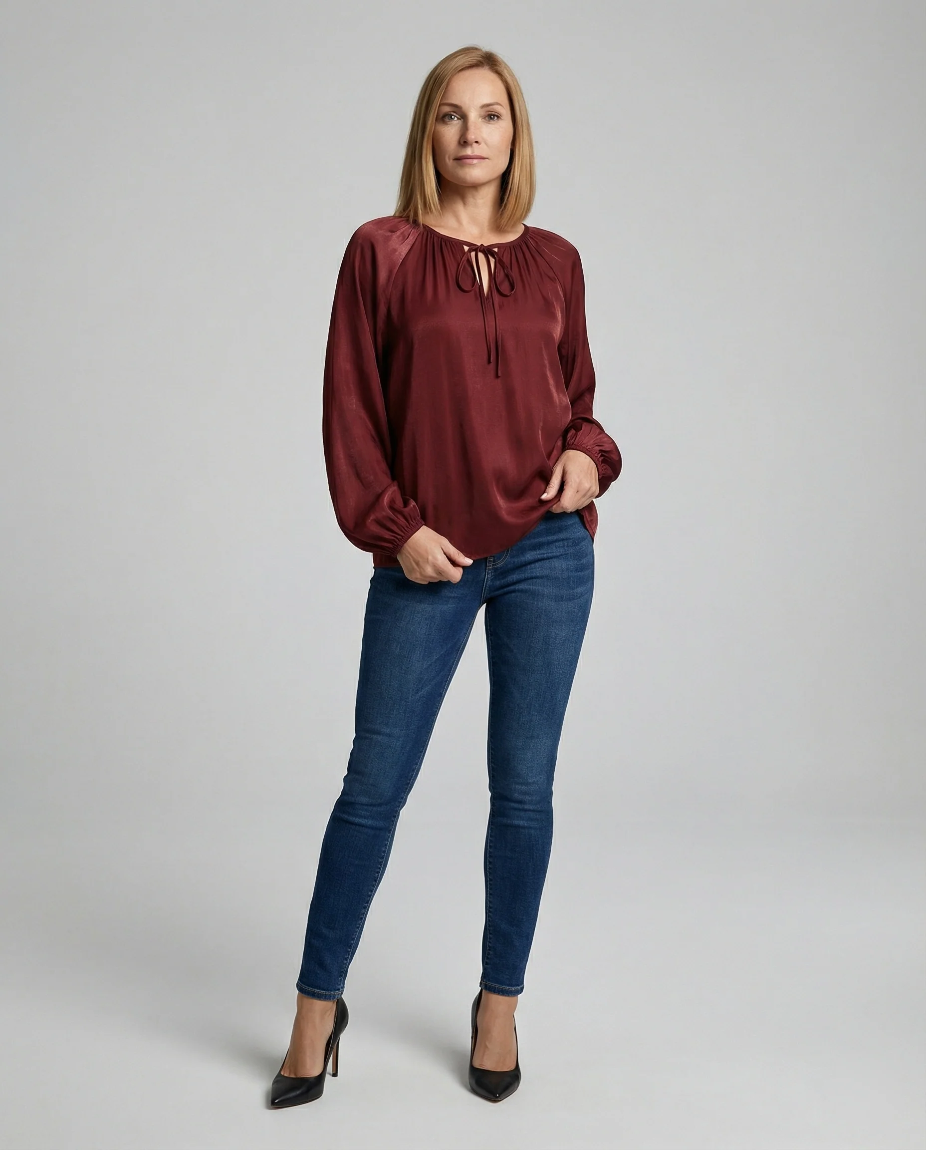 Damen Bluse Satin Ballonärmel - Image 2