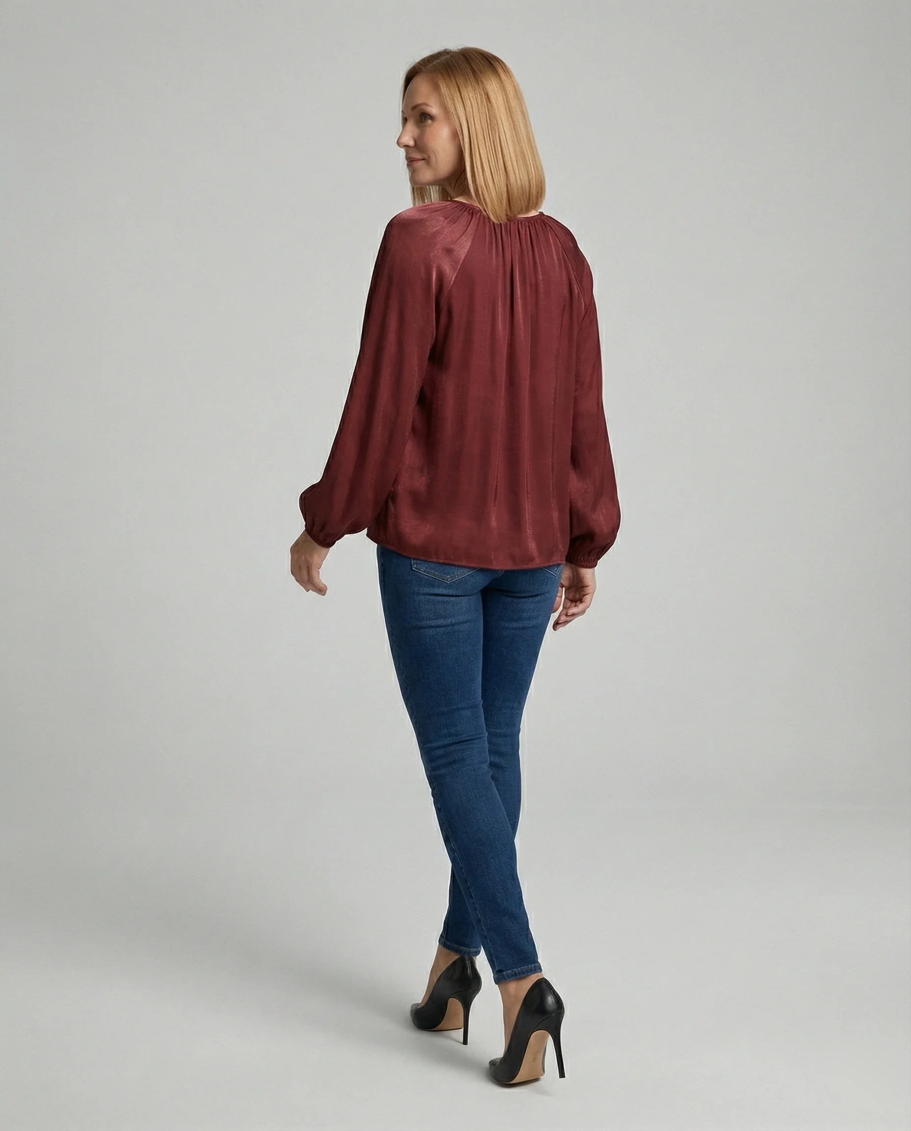 Damen Bluse Satin Ballonärmel - Image 4