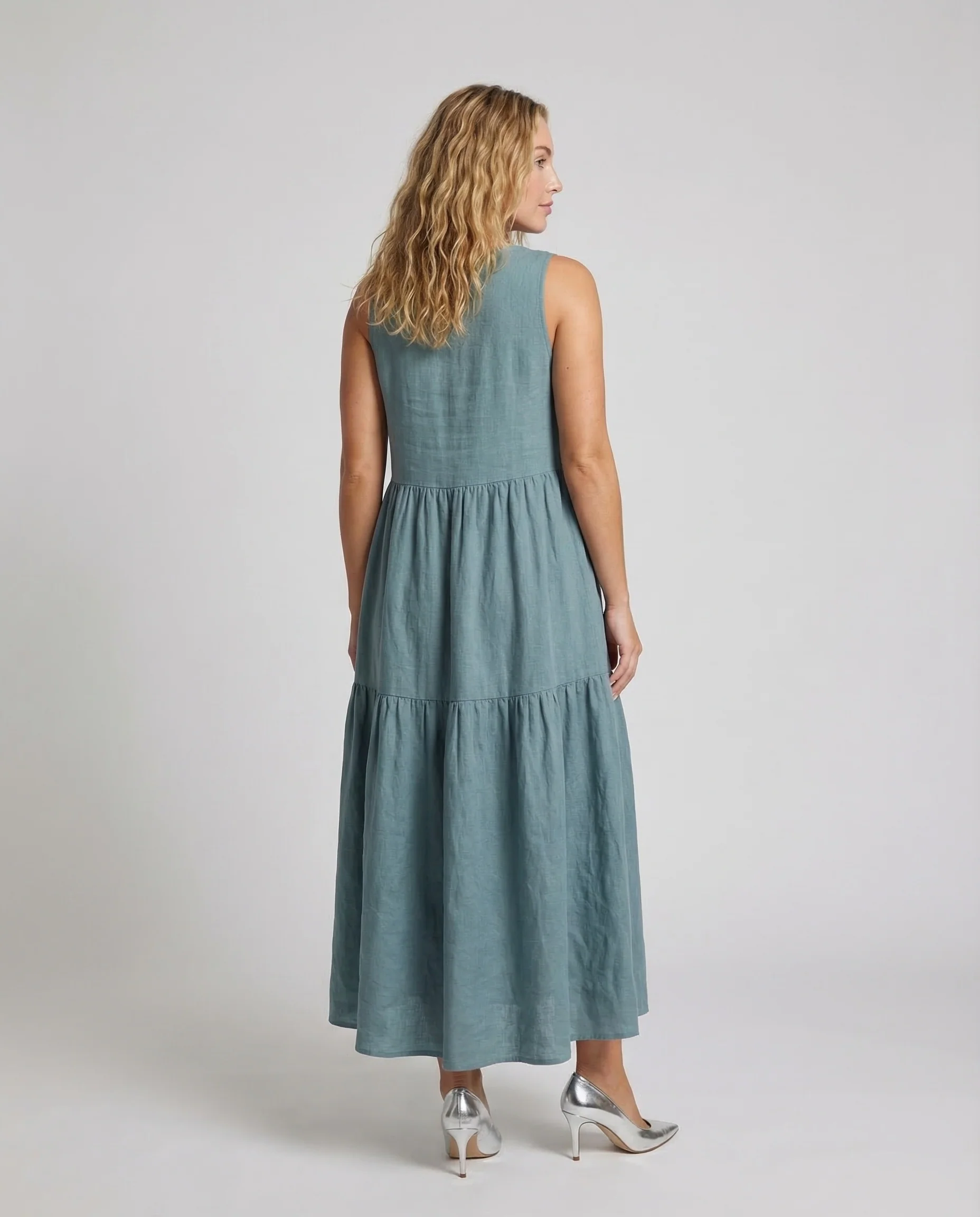 Damen Leinenoptik Stufenkleid mit V-Ausschnitt - Image 2