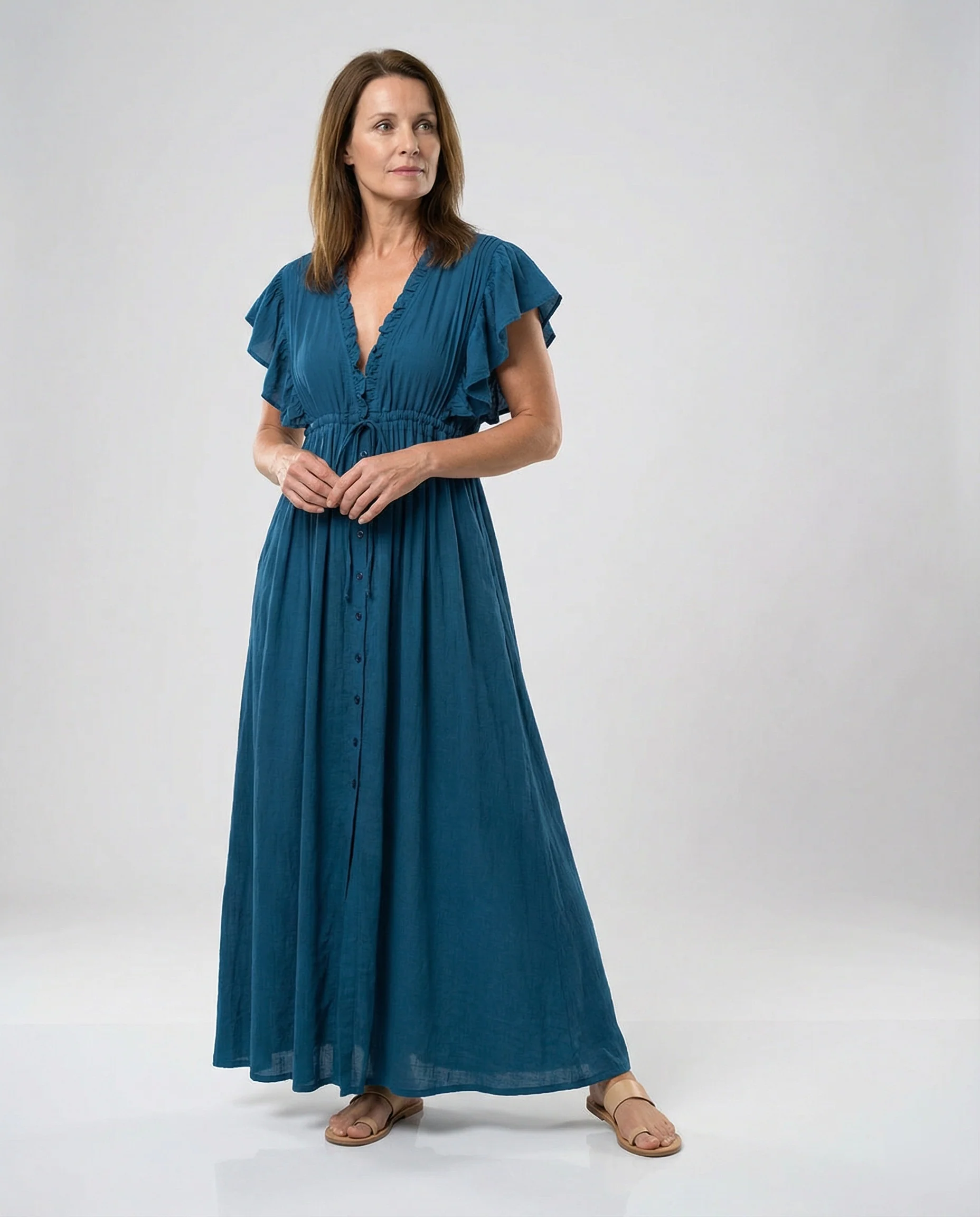 Maxikleid Mit Knopfleiste Und Flügelärmeln Damen - Image 10