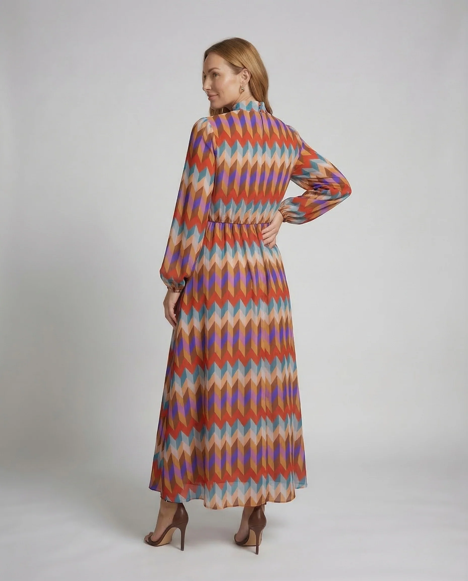 Damen Maxikleid Stehkragen Ballonärmel Gürtel - Image 3