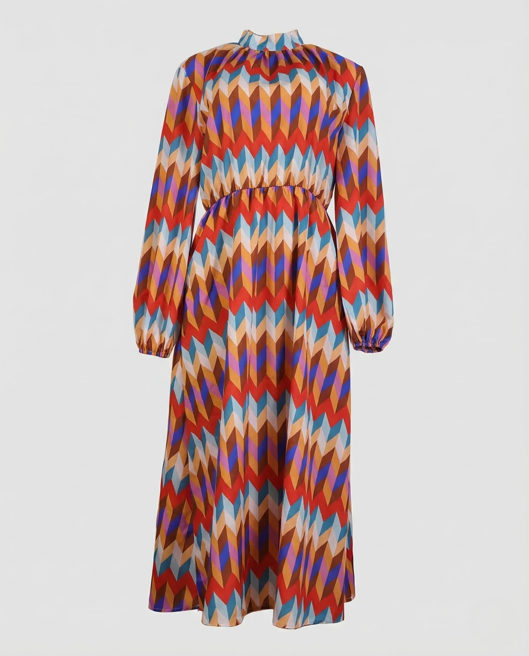 Damen Maxikleid Stehkragen Ballonärmel Gürtel - Image 4