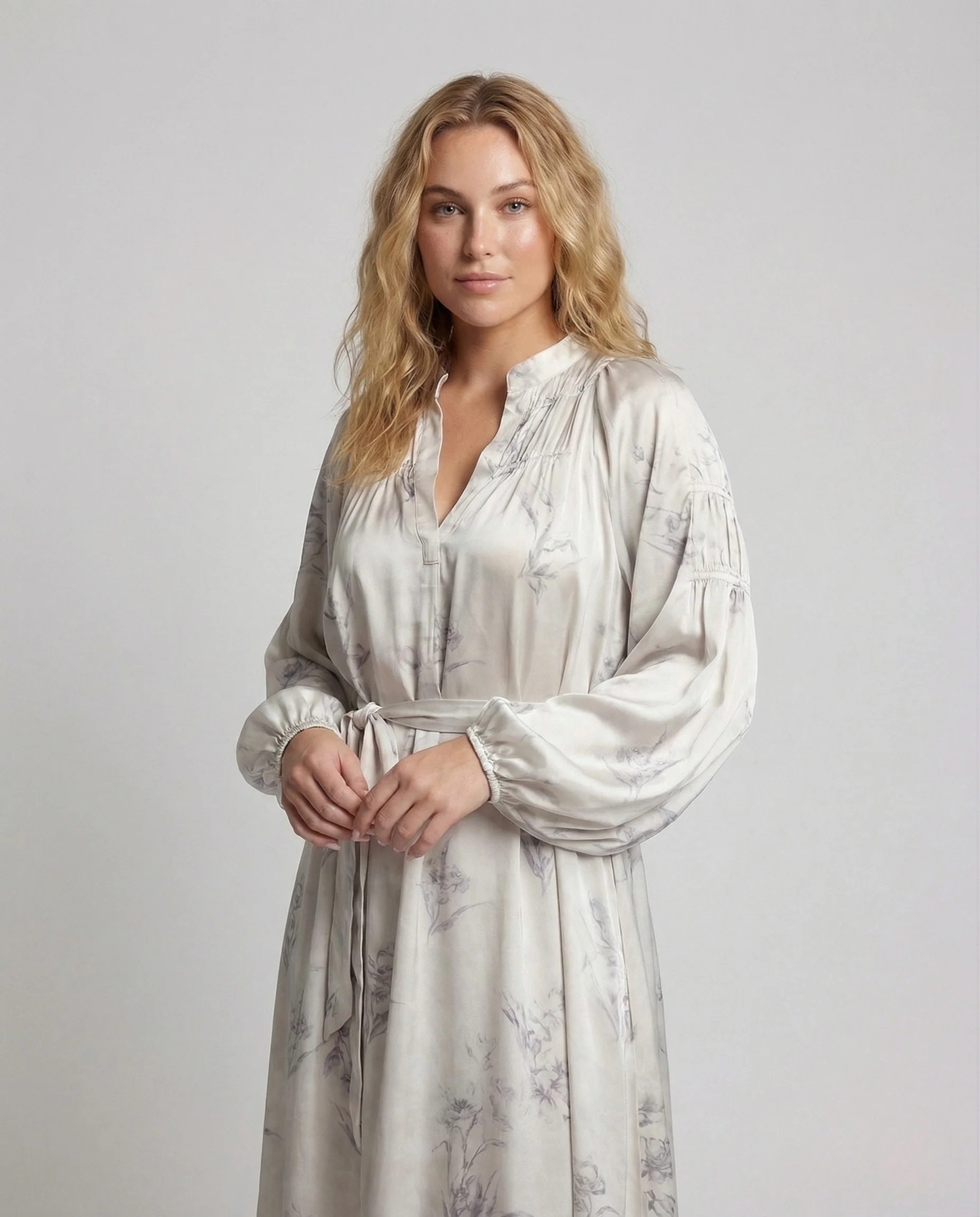 Damen Maxikleid Seidenoptik Ballonärmel - Image 2