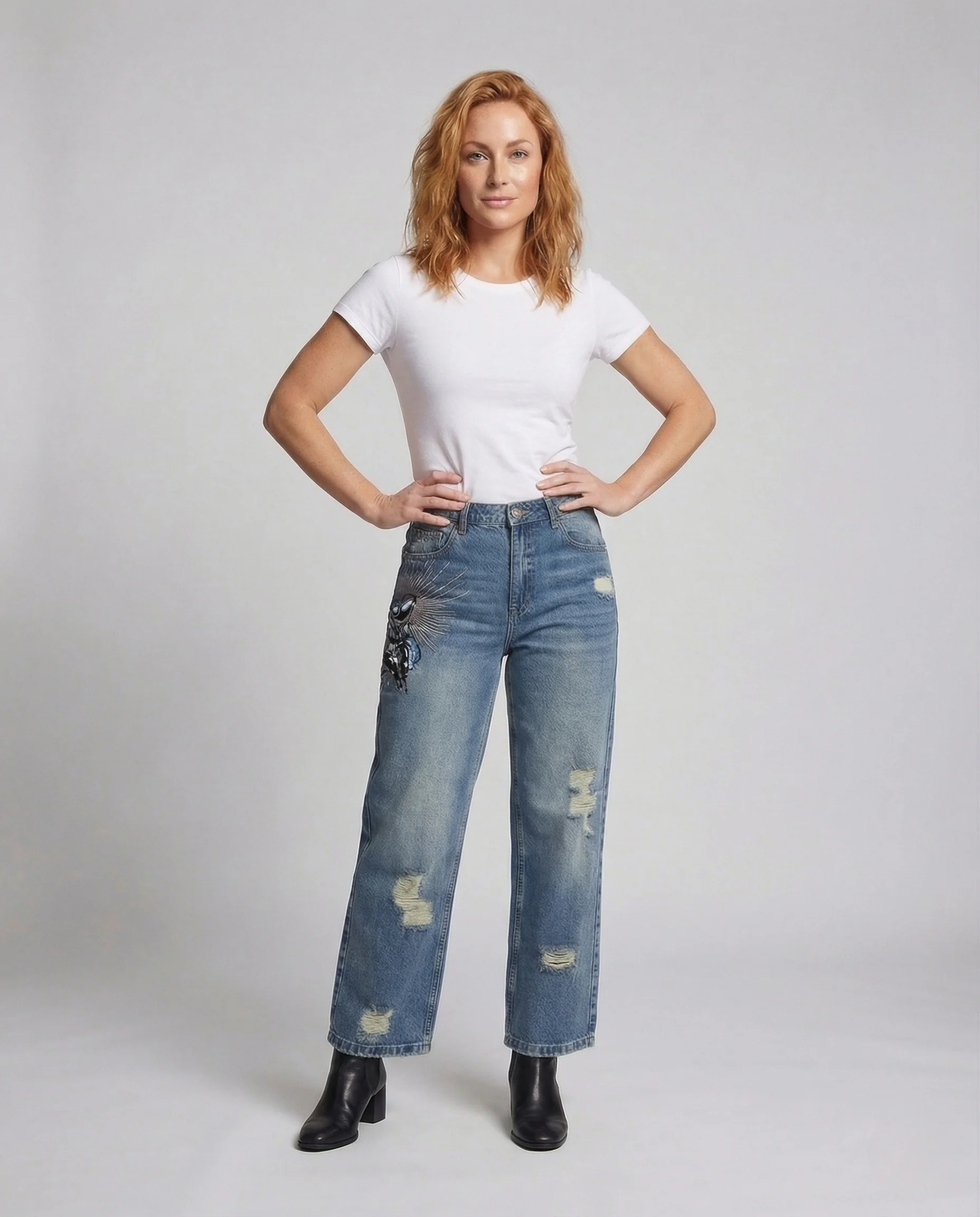 Damen High Waist Jeans Gerade mit Applikationen - Image 2