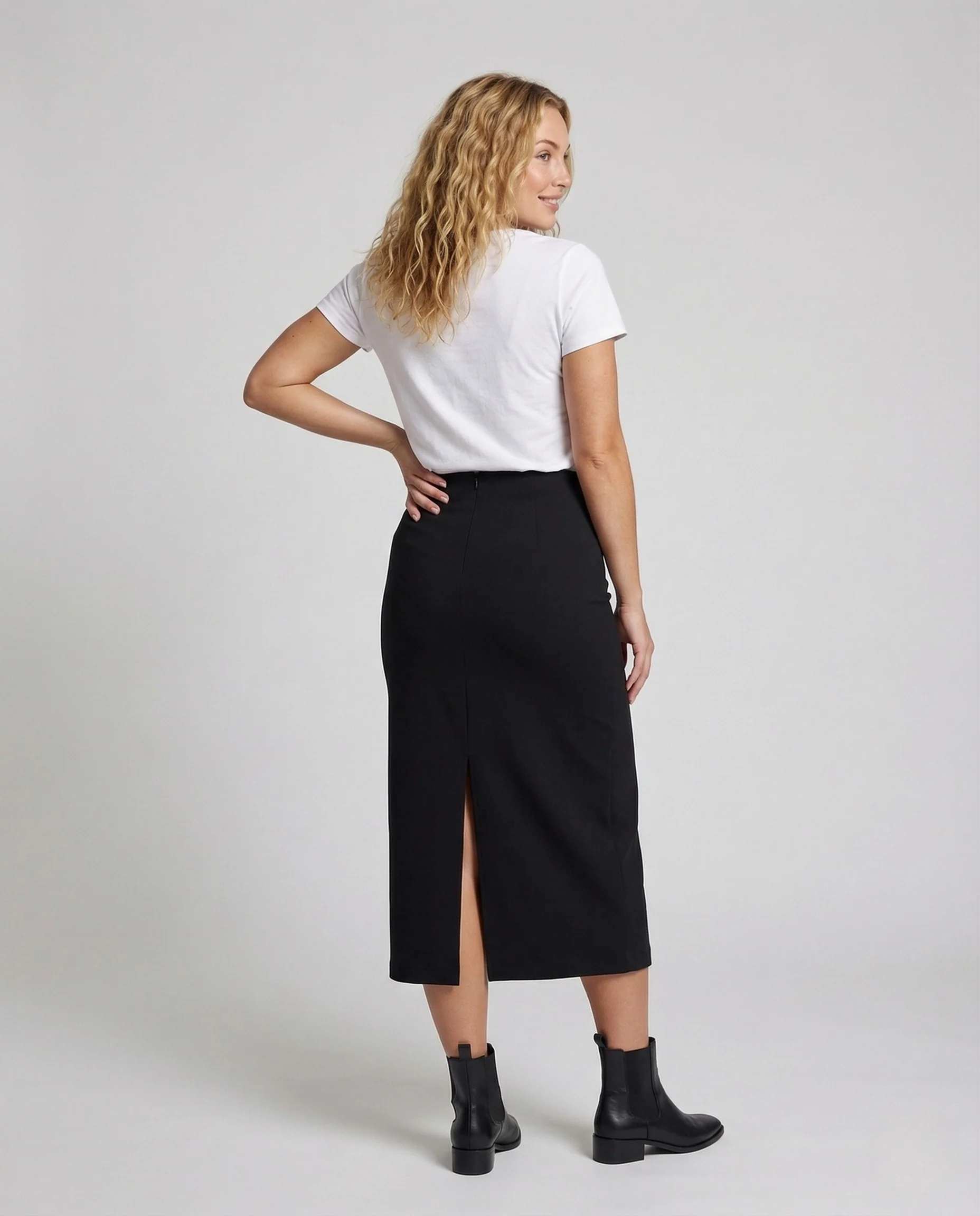 Damen Midirock Gerade Vorderer Schlitz Elastischer Bund - Image 4