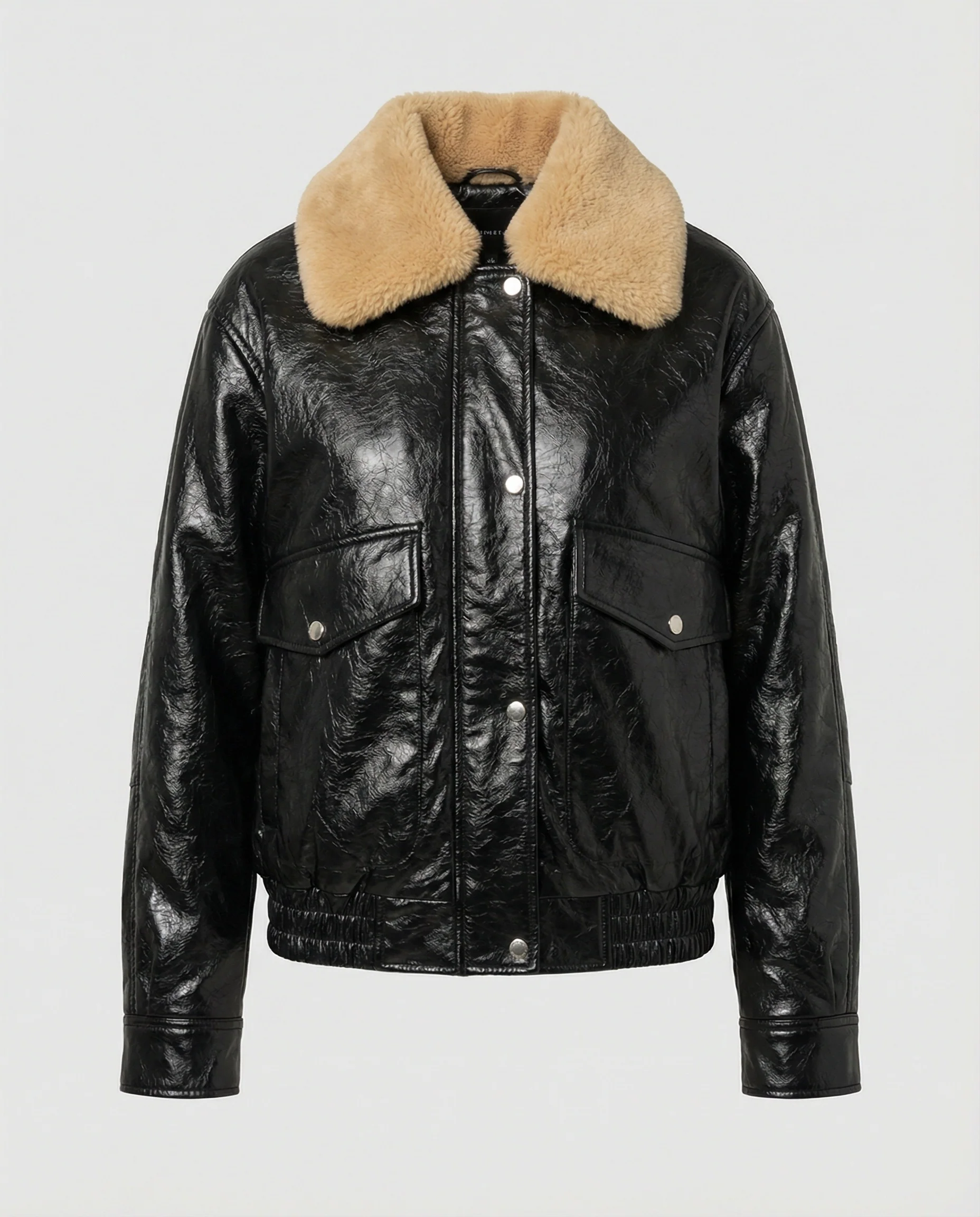 Damen glänzende Kunstleder-Bomberjacke mit voluminösem Teddykragen, Pattentaschen und elastischem Saum Heidi-Mode - Image 5