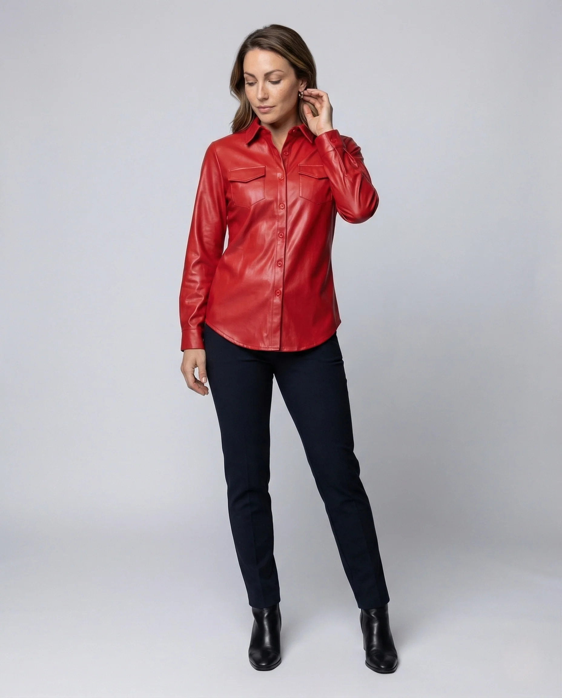 Damen Kunstleder Hemdbluse mit Brusttaschen