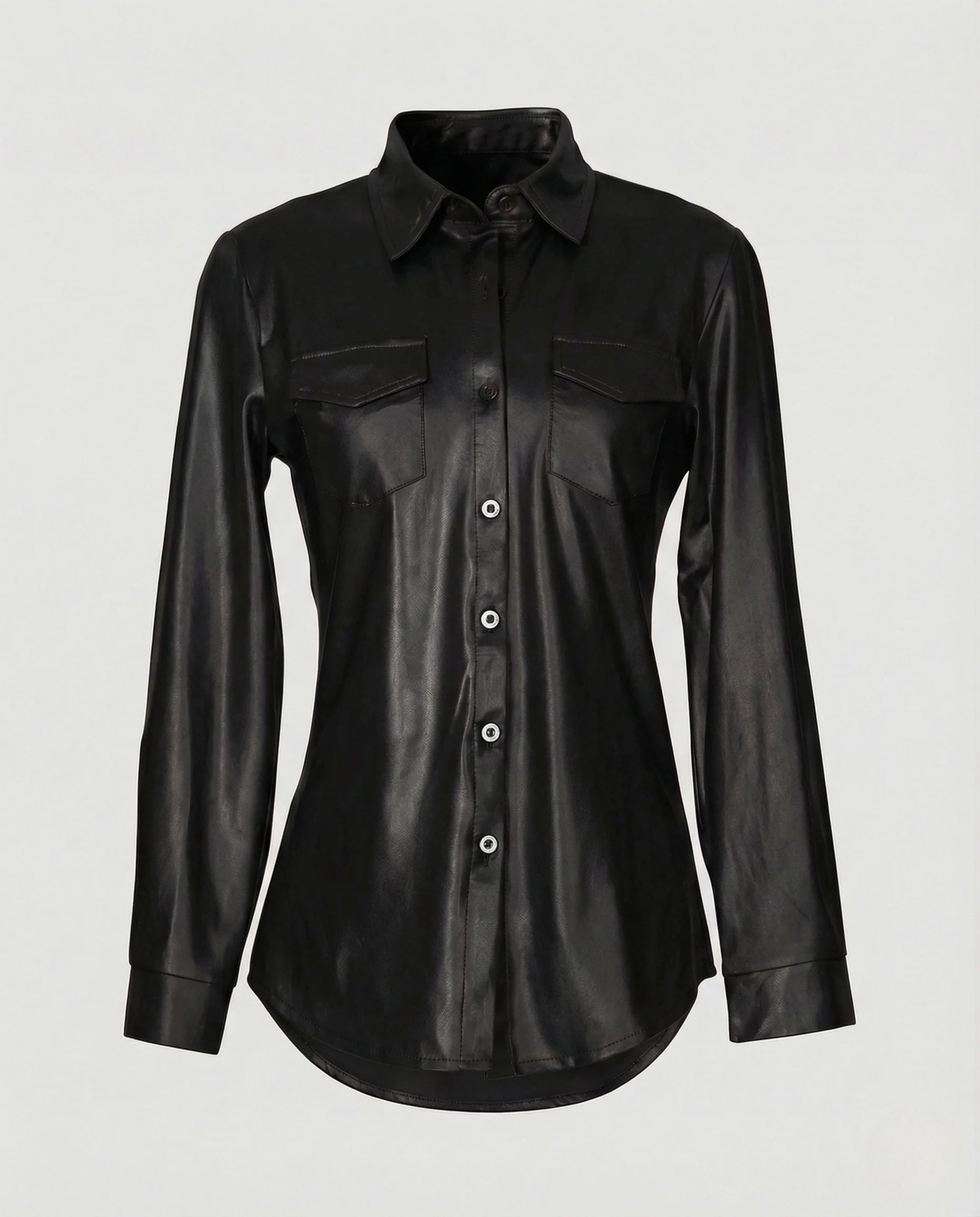 Damen Kunstleder Hemdbluse mit Brusttaschen - Image 6