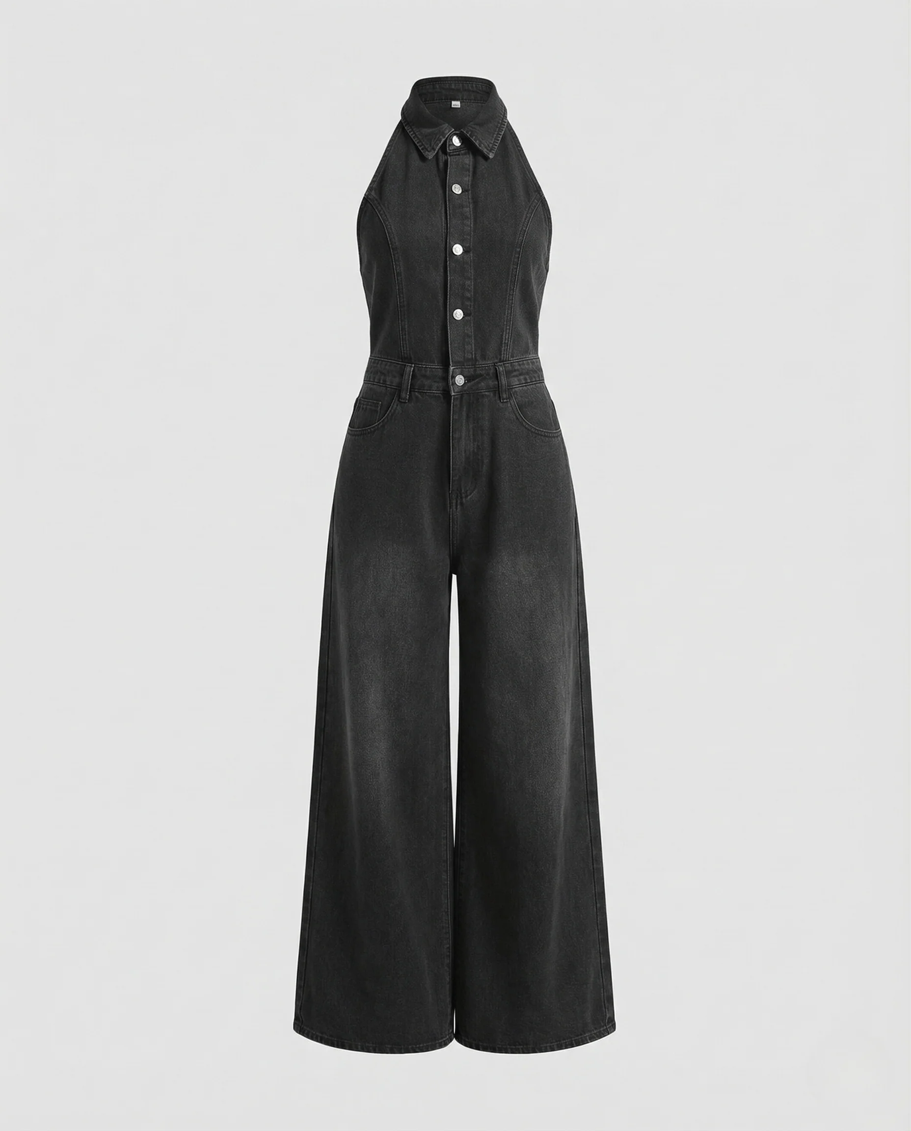 Damen Halter Jeans Overall Tailliert mit Weitem Bein - Image 4