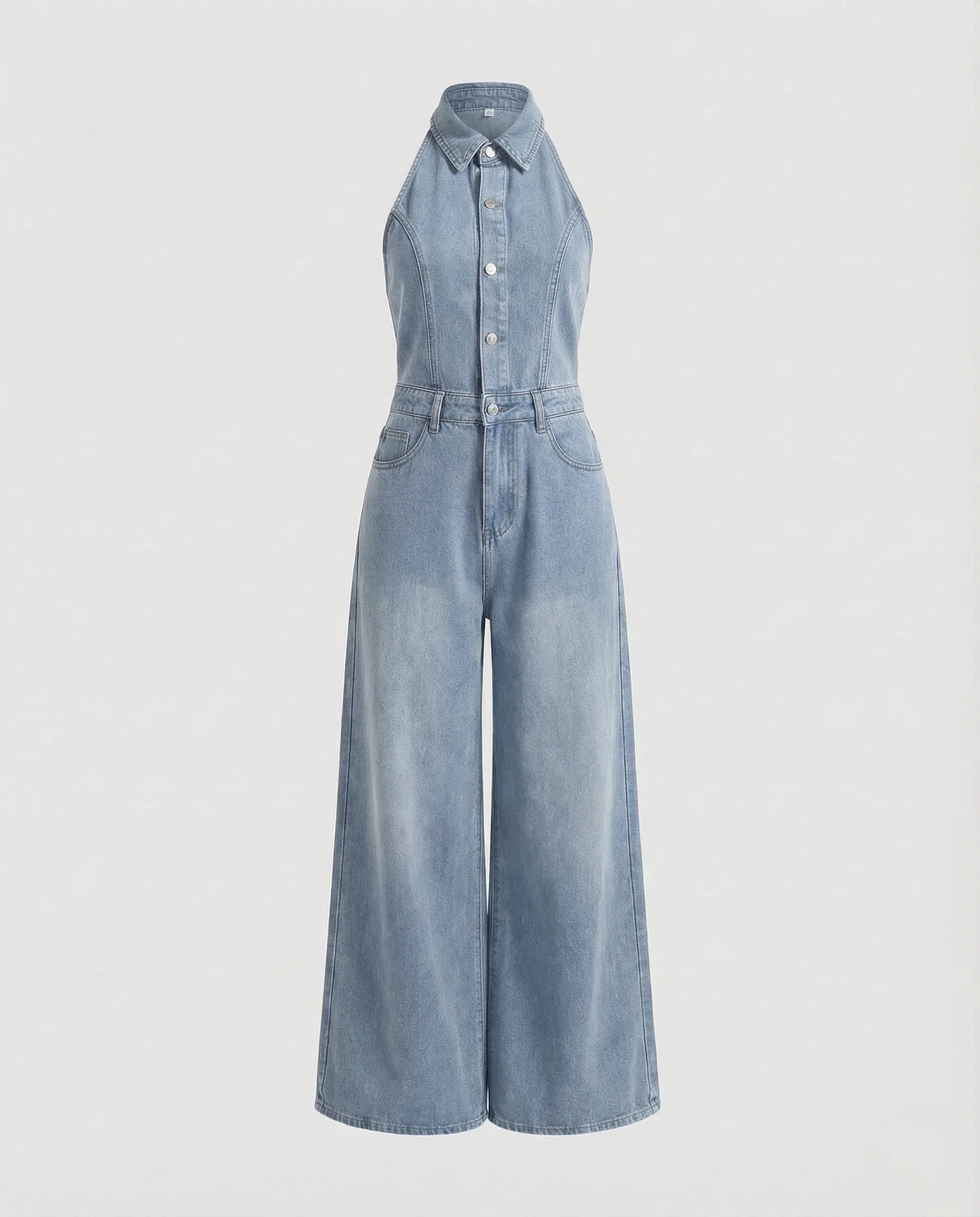 Damen Halter Jeans Overall Tailliert mit Weitem Bein - Image 5
