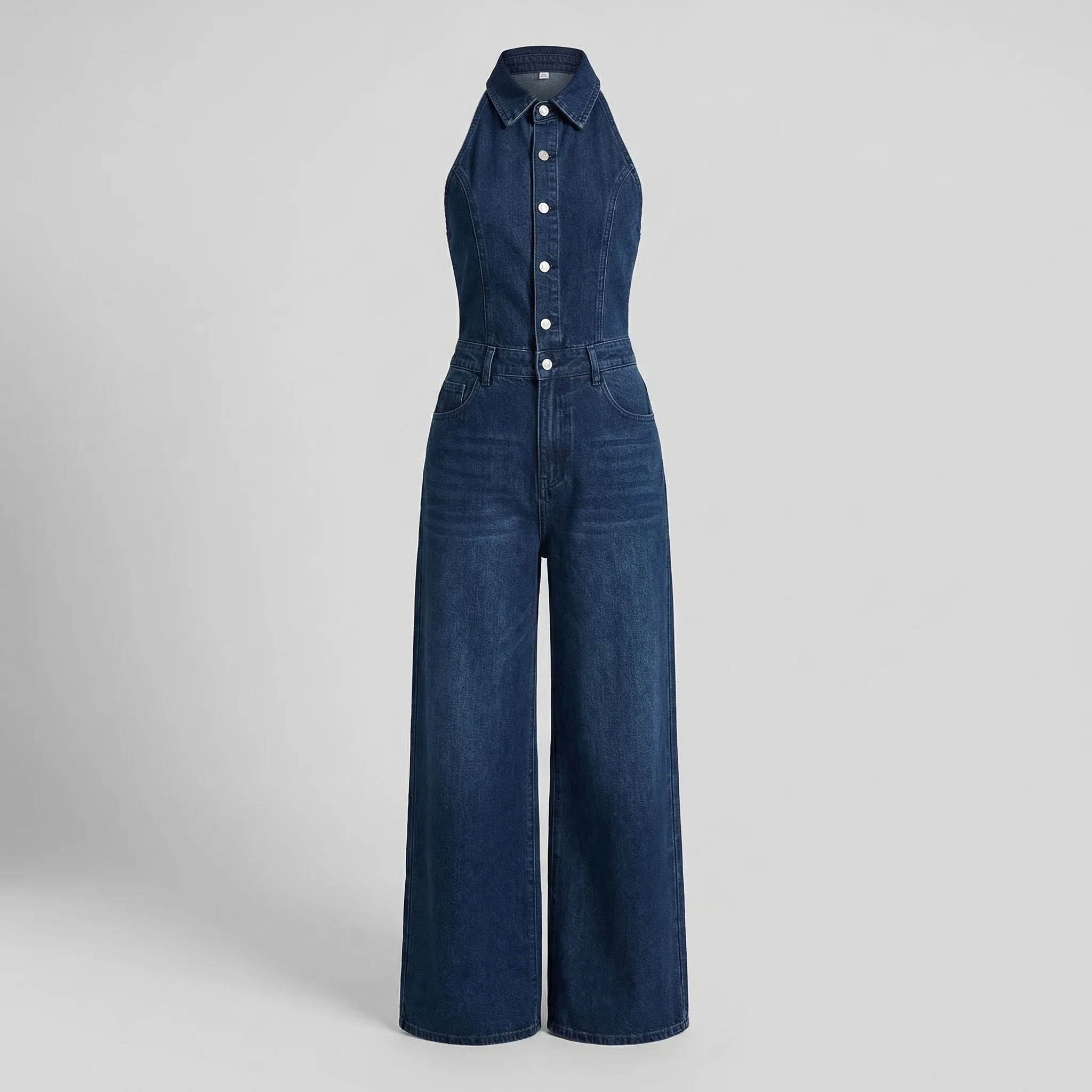 Damen Halter Jeans Overall Tailliert mit Weitem Bein - Image 6