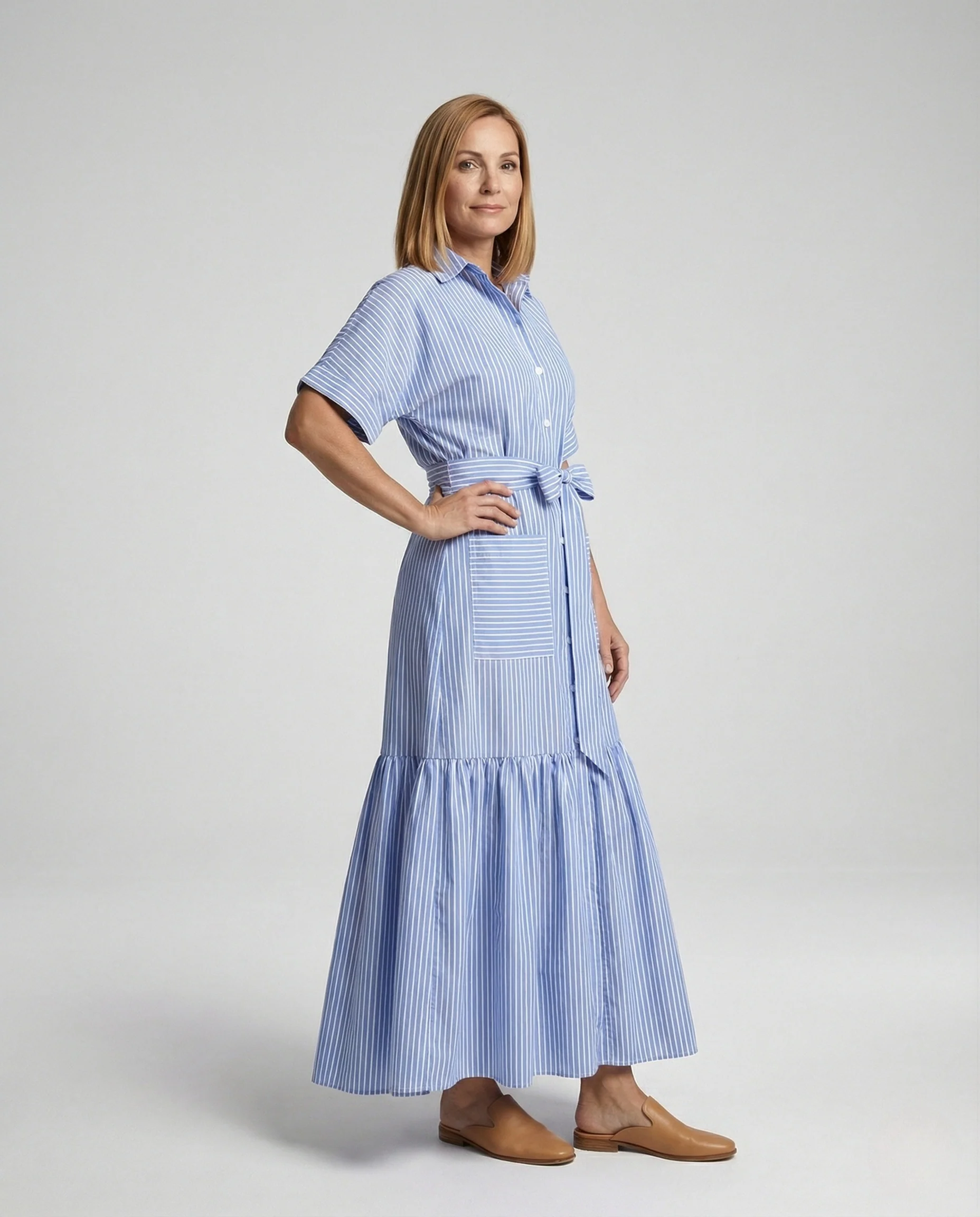 Maxikleid Damen Hemdkleid mit Gürtel