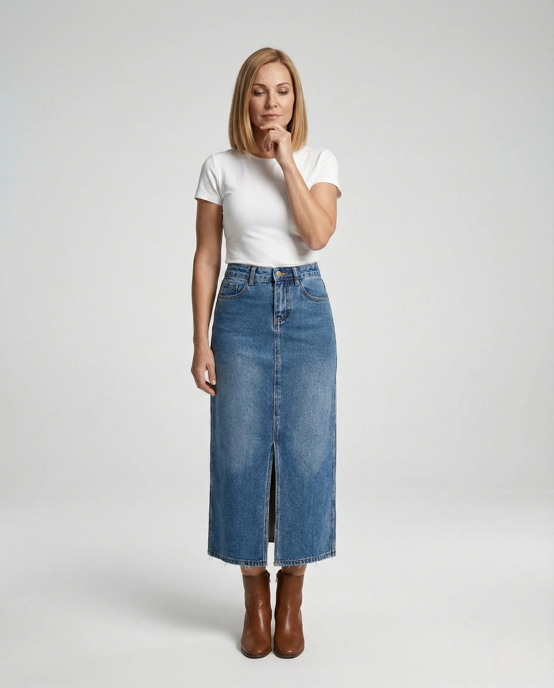 Midi Jeansrock Hochbund Damen Frontschlitz