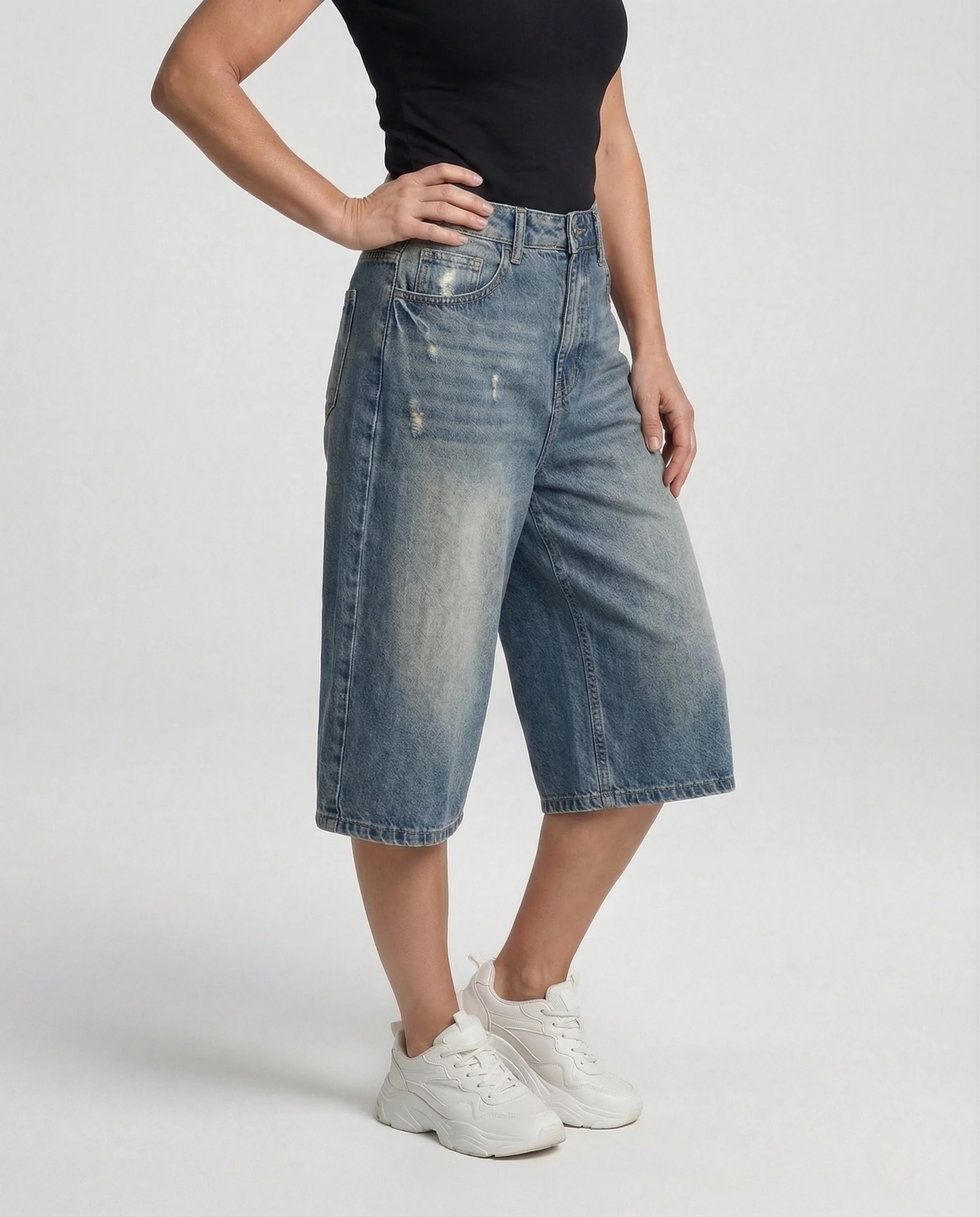 Damen High Waist Culotte Jeans mit weitem Bein - Image 2