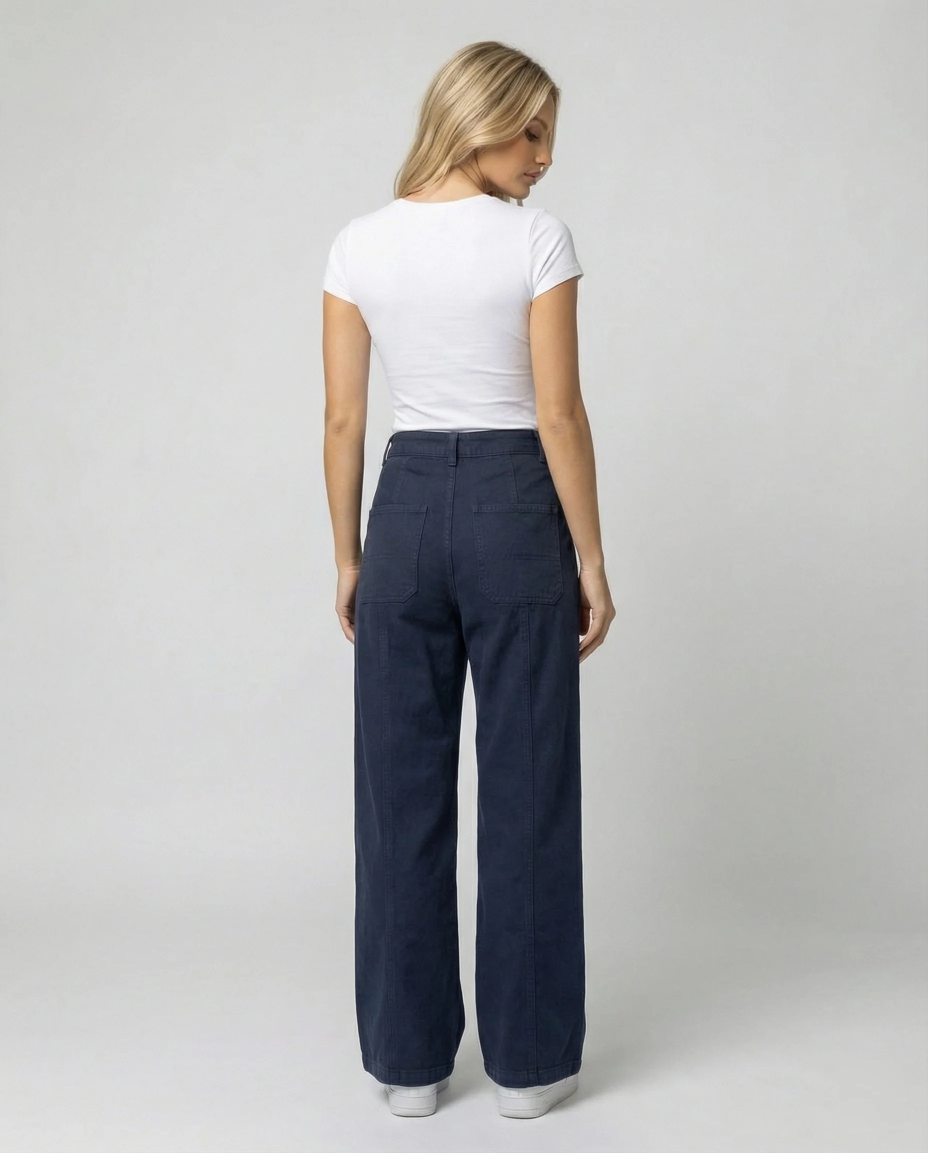 Damen hochtaillierte weite Ziernaht-Twillhose mit sichtbarer Stepplinie, Reißverschluss-Fly und tiefem Schritt Heidi-Mode - Image 4