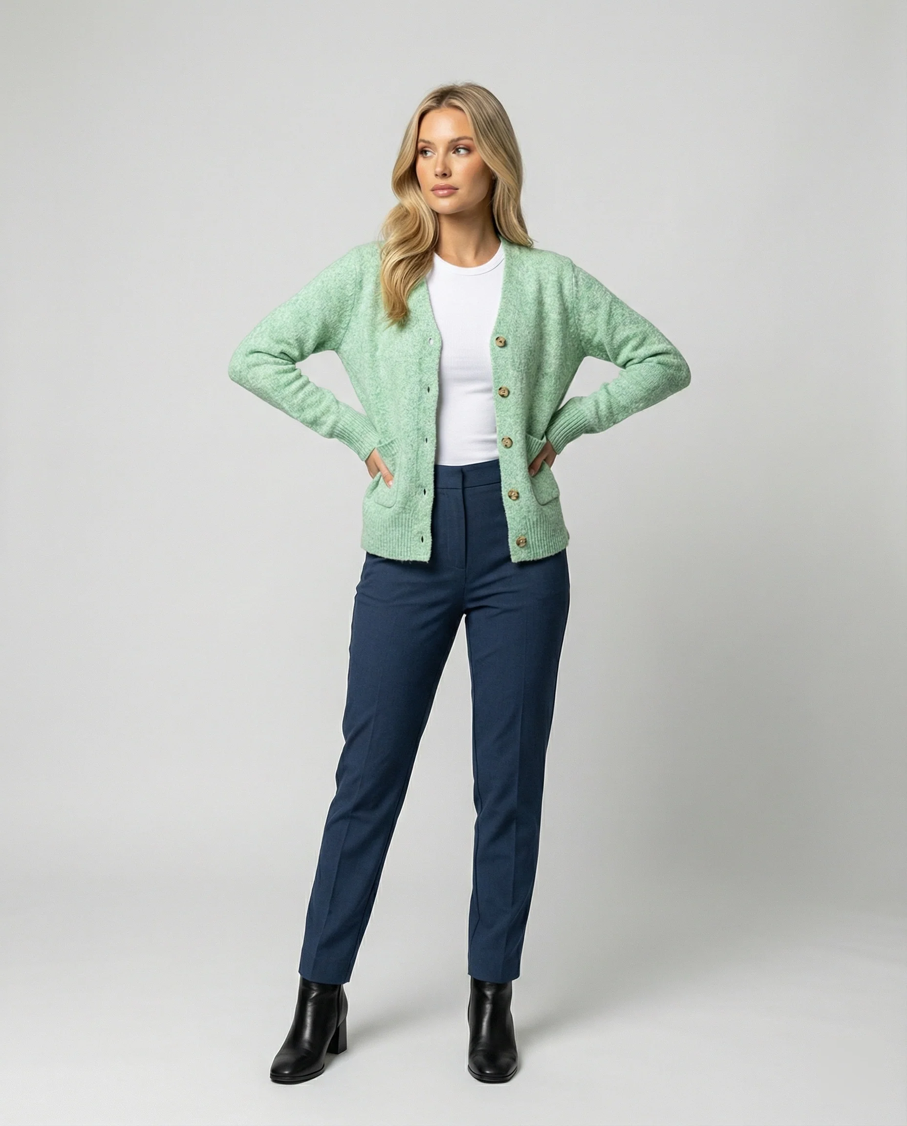 Damen hüftlanger Melange-Feinstrickcardigan mit Perlmuttknopfleiste und gerippten Bündchen Heidi-Mode - Image 2