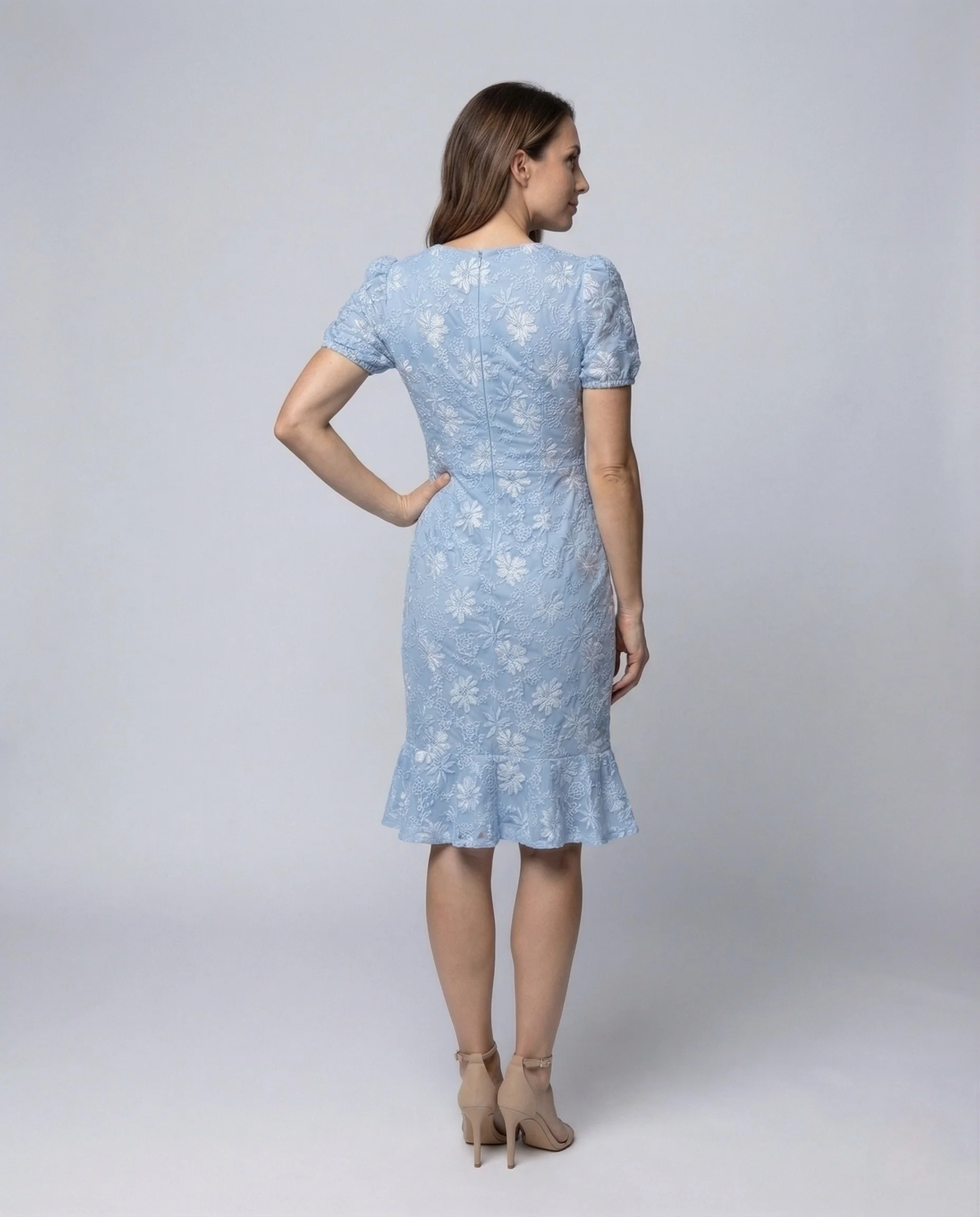 Damen Jacquard Etuikleid mit Puffärmeln - Image 4
