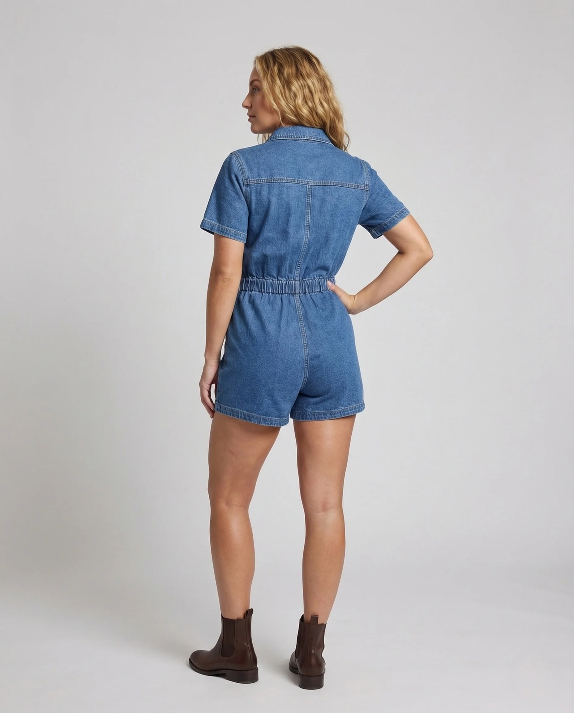 Damen Jeans Overall Kurzarm Knopfleiste Brusttaschen - Image 3