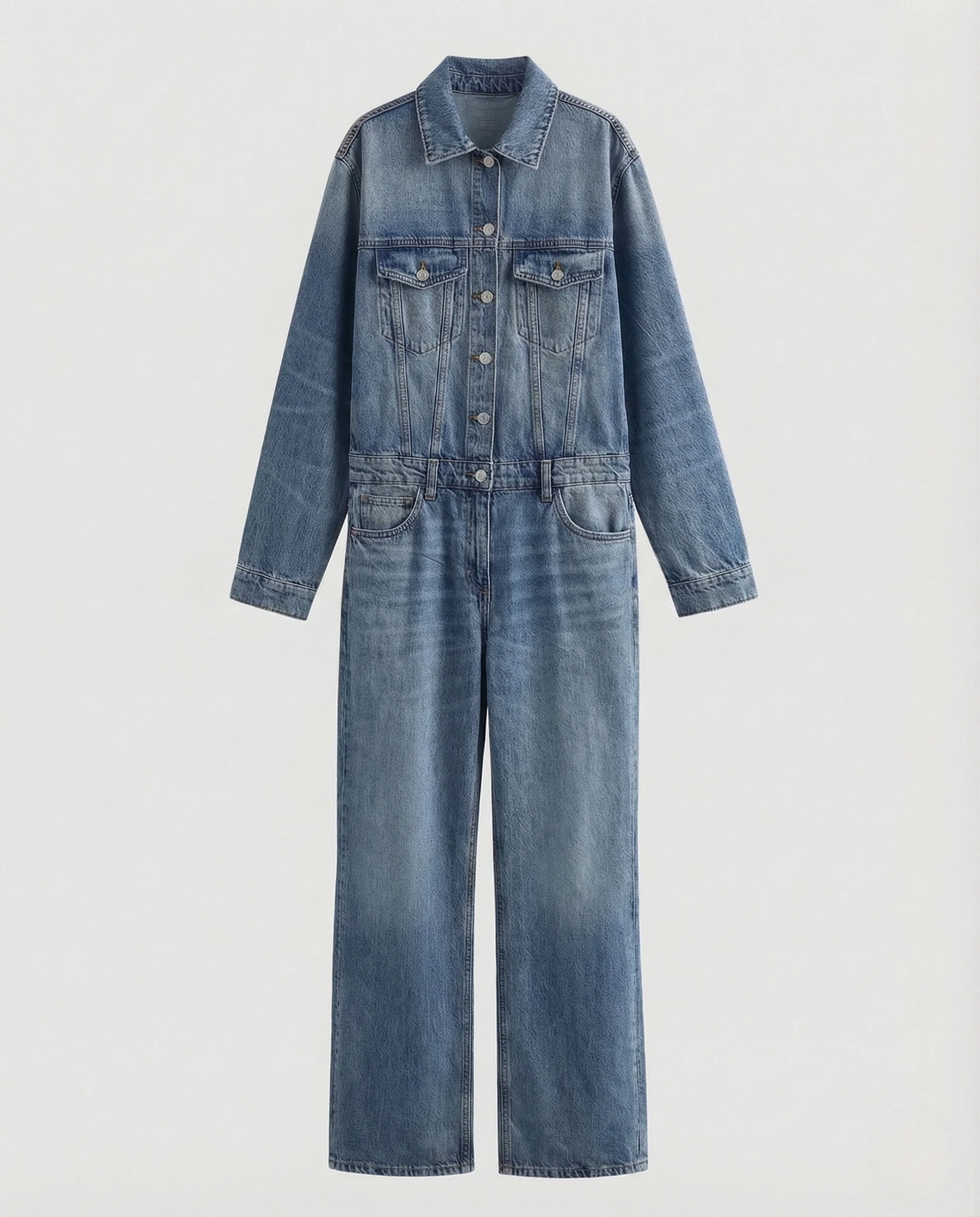Damen Jeans Overall Gerades Bein Knopfleiste Brusttaschen - Image 5