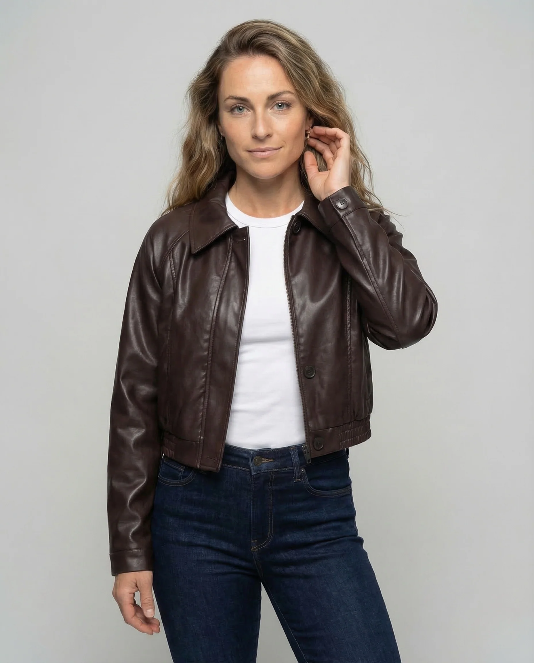 Damen Lederoptik Jacke Kurz Revers - Image 2