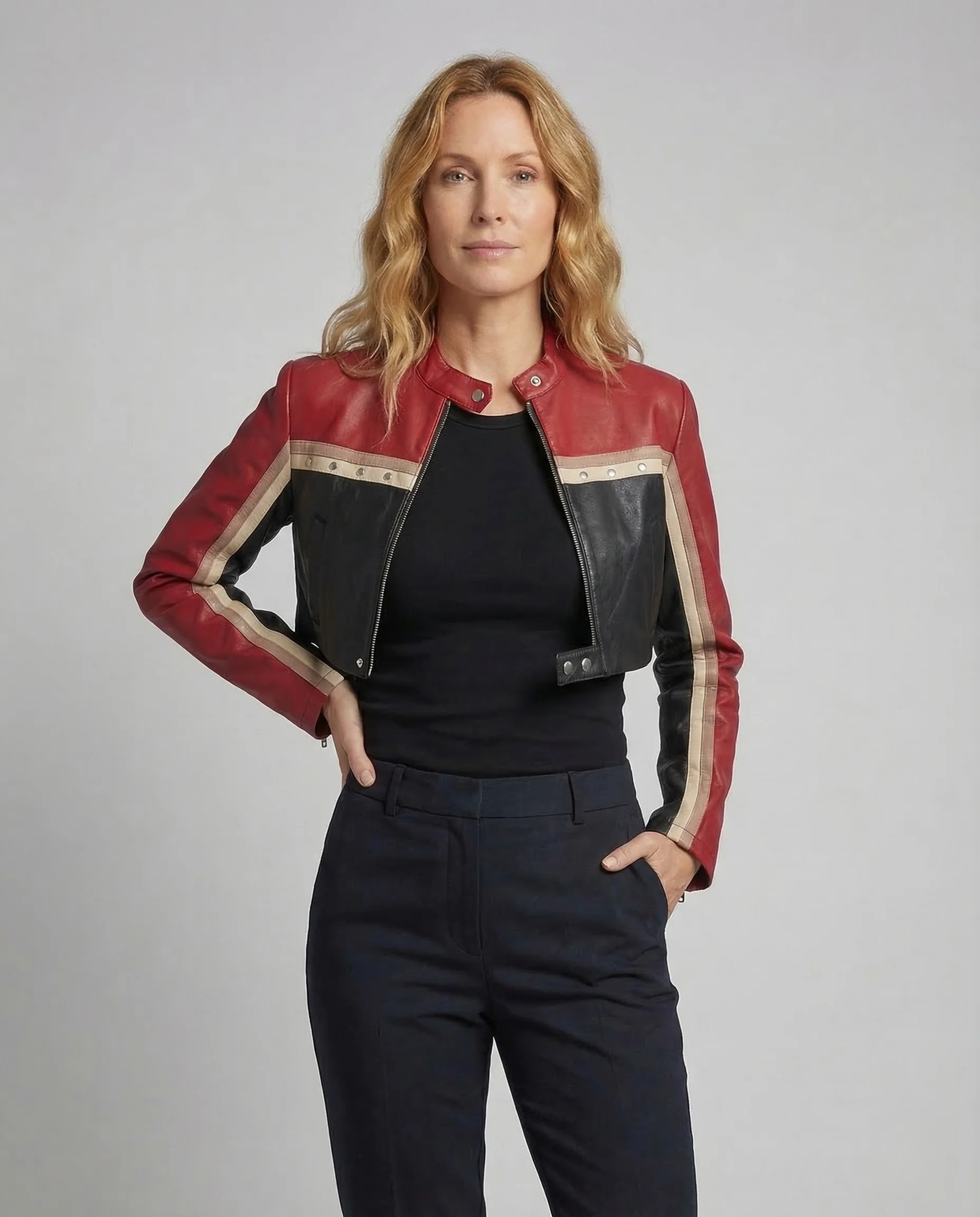 Damen Kunstleder Bikerjacke Kurz Stehkragen - Image 2