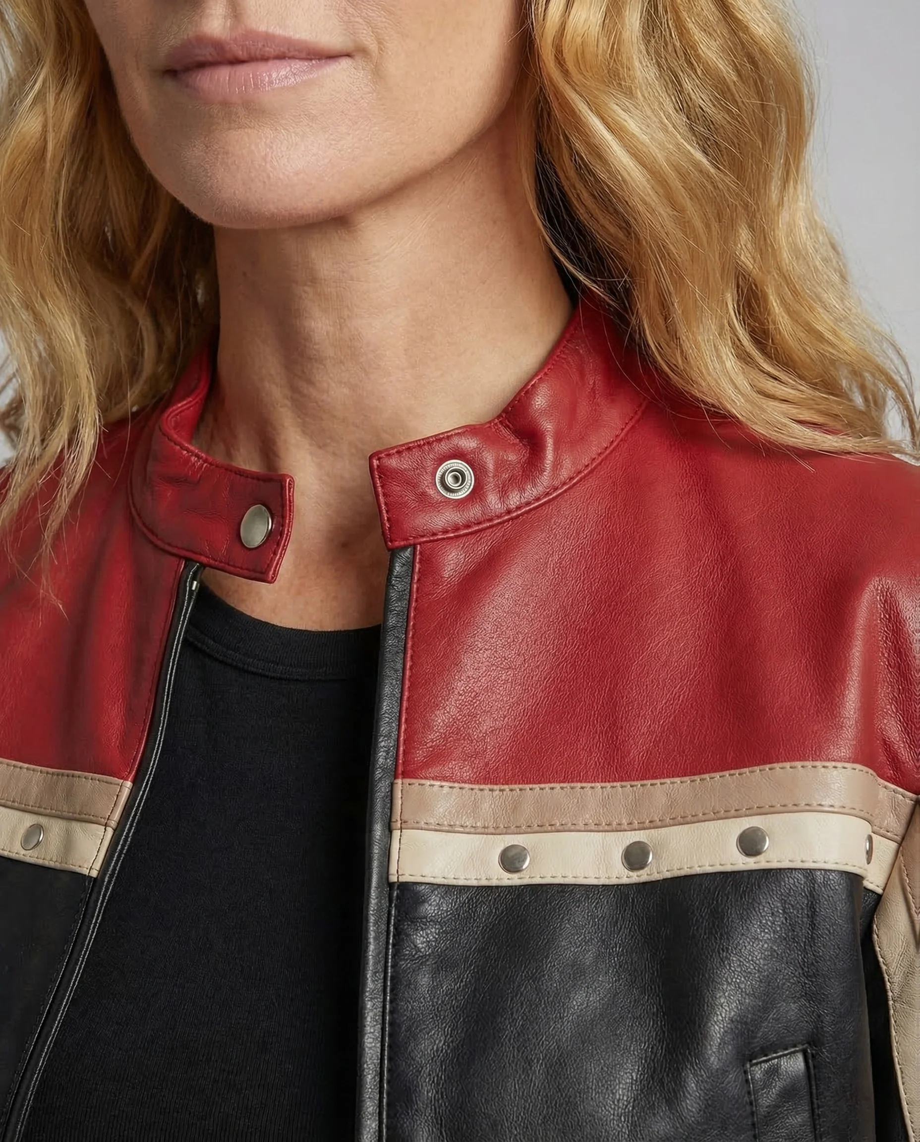 Damen Kunstleder Bikerjacke Kurz Stehkragen - Image 3