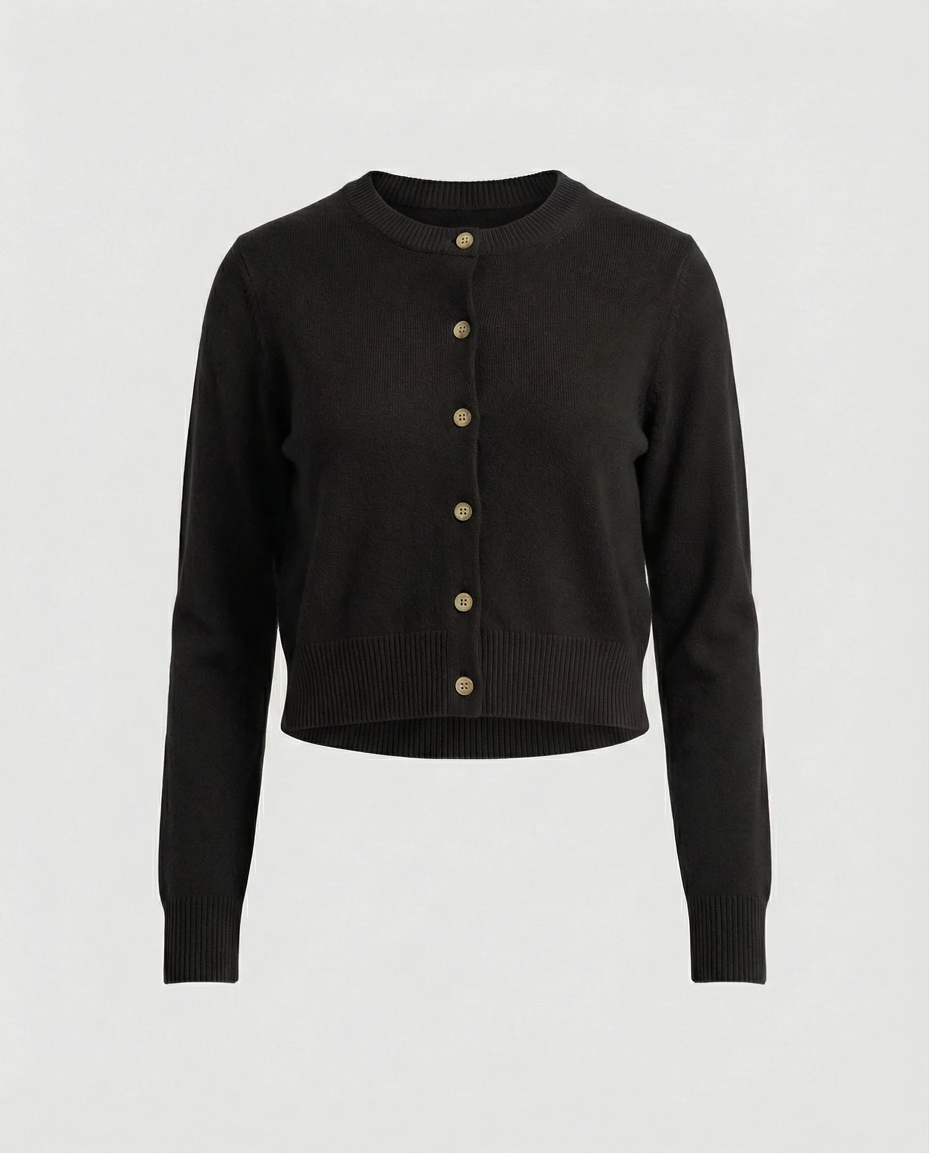 Kurz geschnittene Strickjacke mit Rundhalsausschnitt Zierknopfleiste Trompetenärmeln und elastischem Rippsaum Heidi-Mode - Image 6