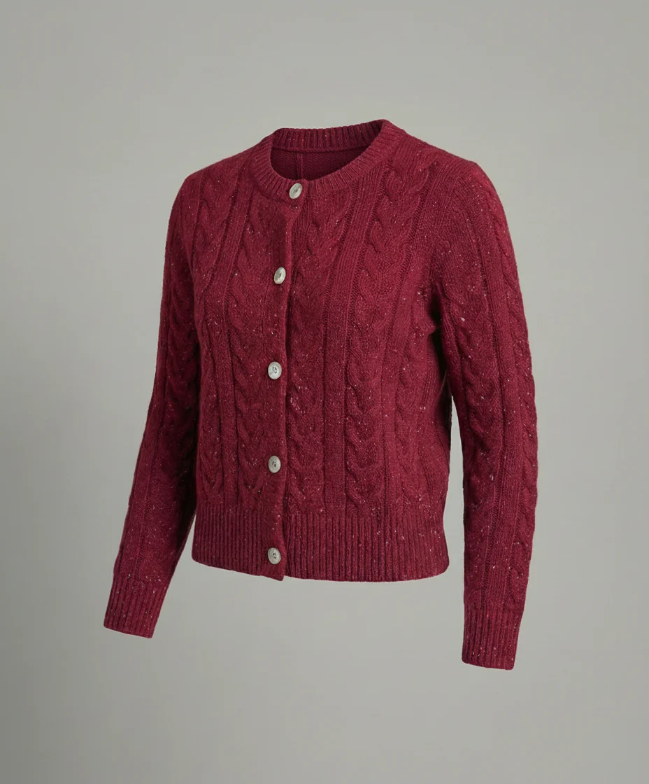 Damen kurz geschnittener kastiger Zopfmuster-Cardigan mit bunten Neps, Perlmuttknöpfen, Rippbündchen und Monogramm-Stickerei Heidi-Mode - Image 5