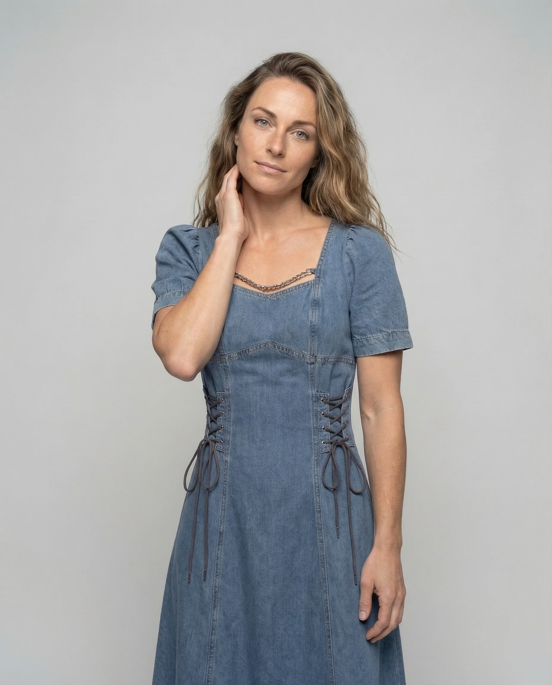 Damen Jeansoptik Kleid mit Korsettschnürung - Image 2