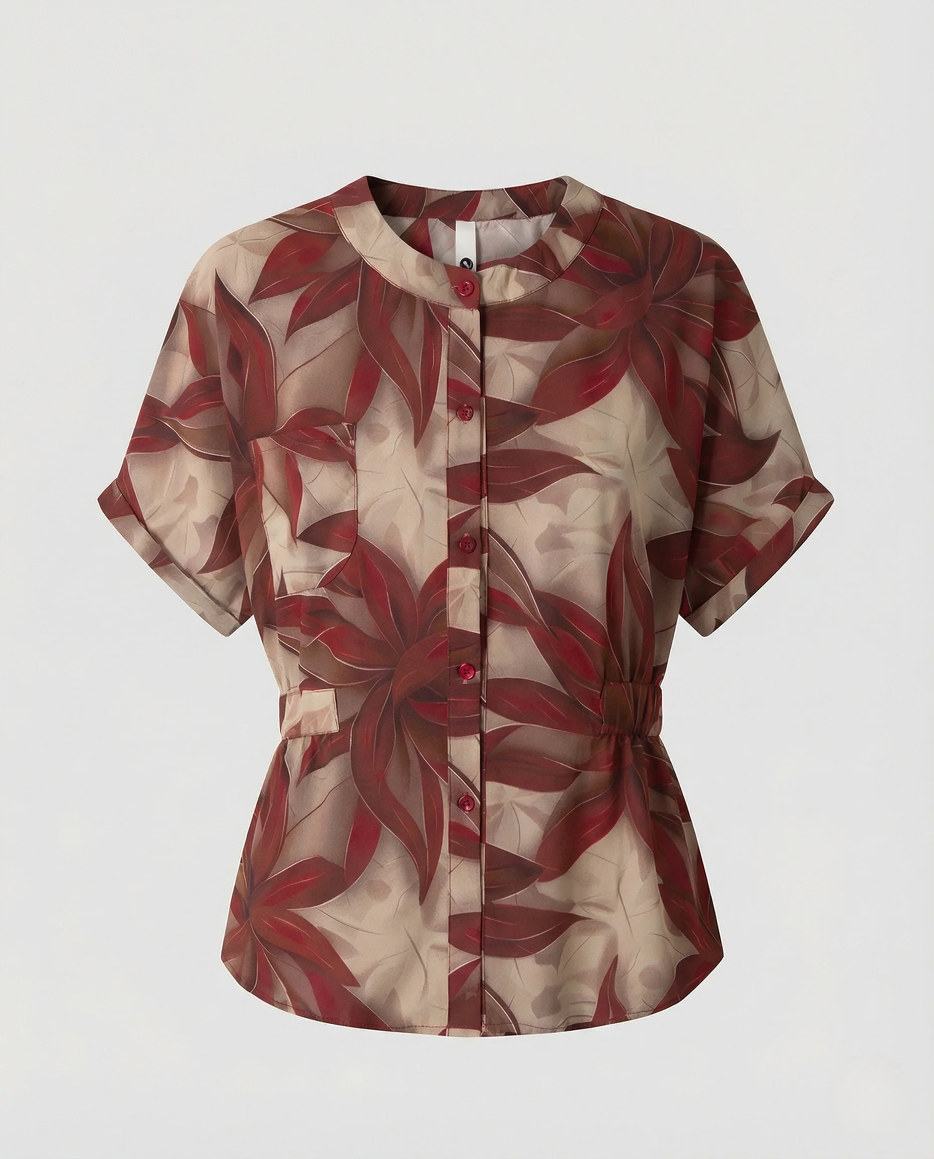 Kurzärmelige Bluse mit Stehkragen, durchgehender Knopfleiste, Taillenzug und großem Blattmotiv Heidi Mode - Image 5